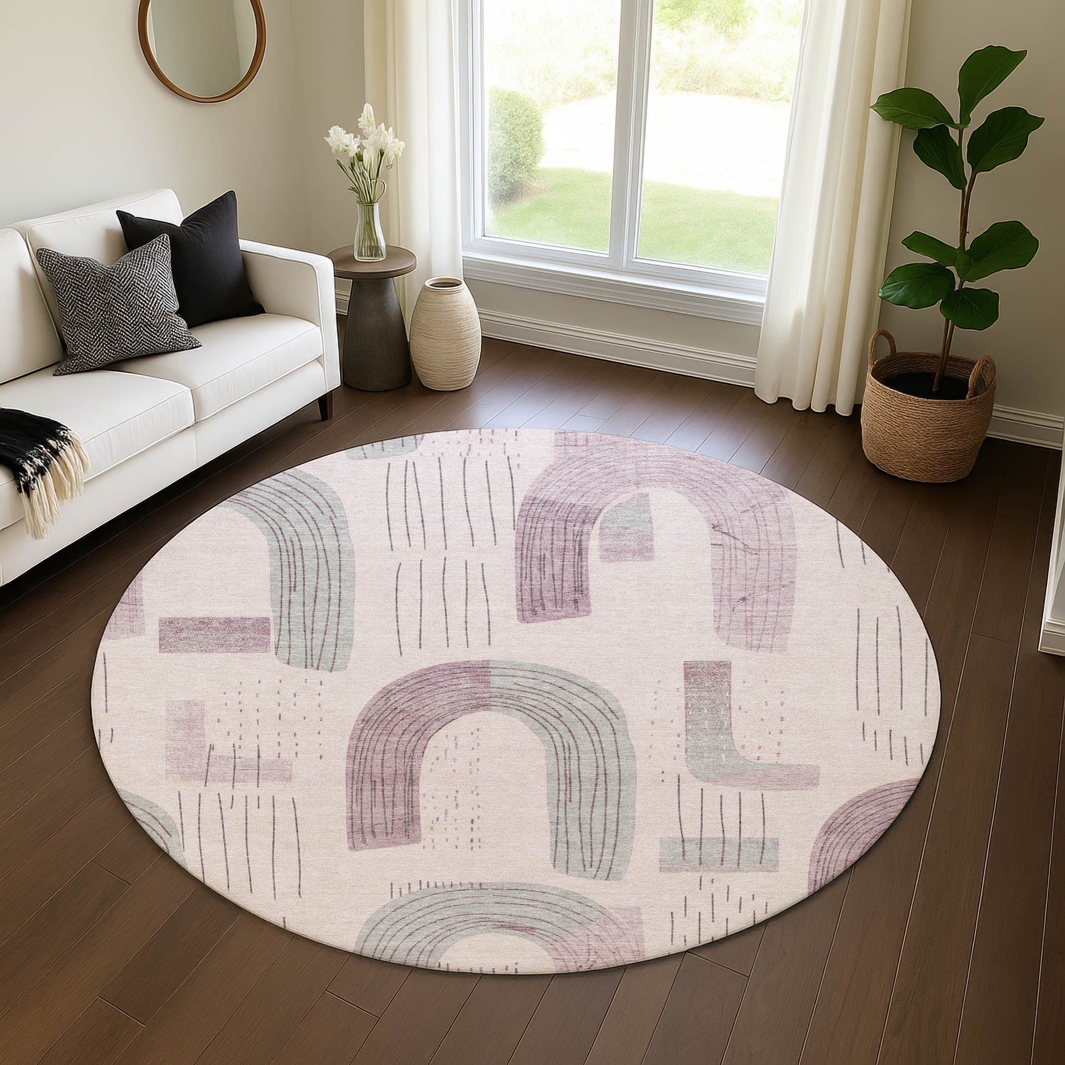 Sarajevo Machine Washable Transitional Pink Rug 8' x 8' #shape_Round