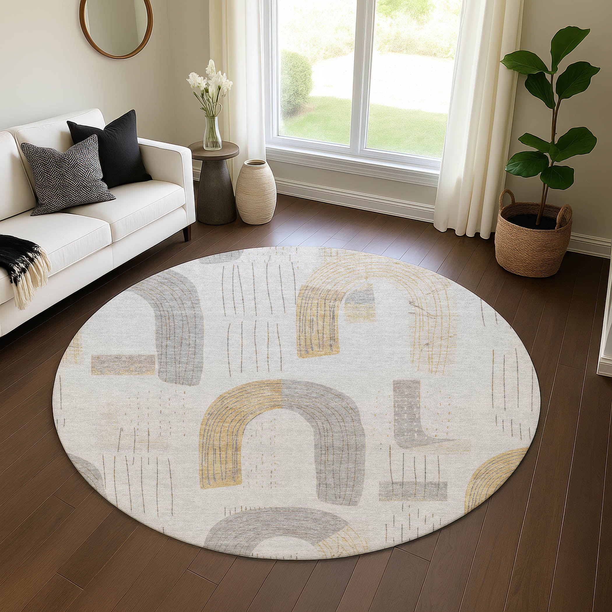 Sarajevo Machine Washable Transitional Silver Gray Rug 8' x 8' #shape_Round