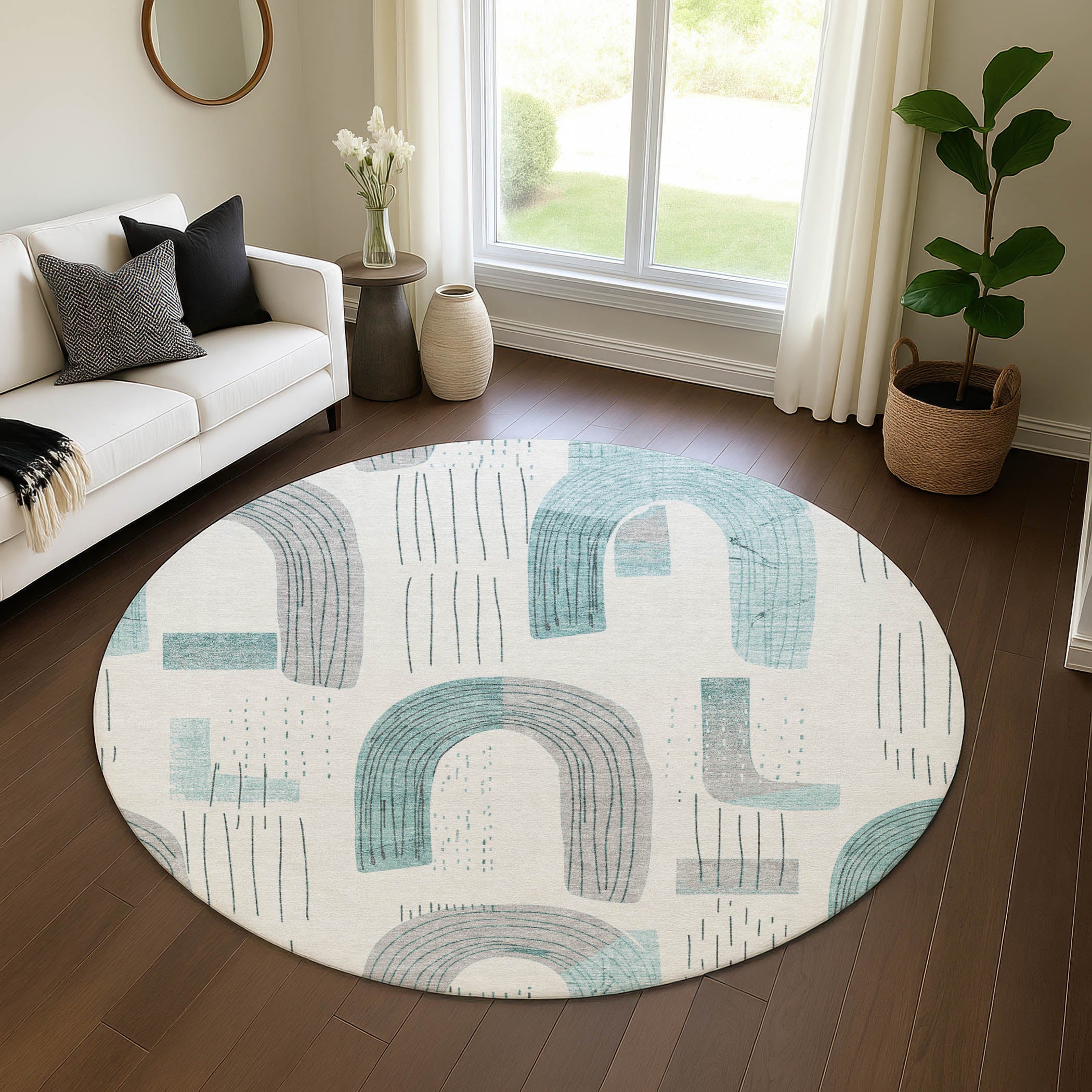 Sarajevo Machine Washable Transitional Teal Rug 8' x 8' #shape_Round
