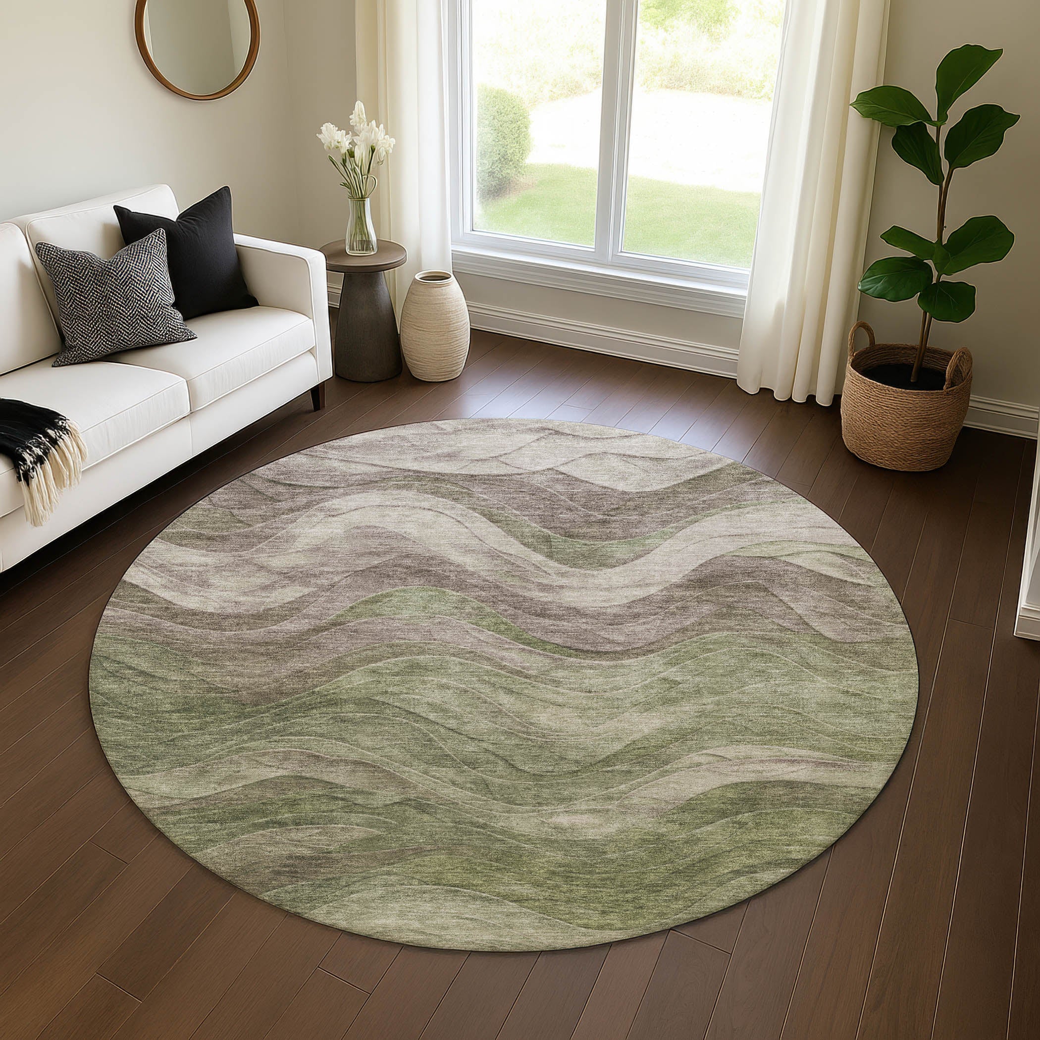 Hoi An Machine Washable Transitional Green Rug 8' x 8' #shape_Round