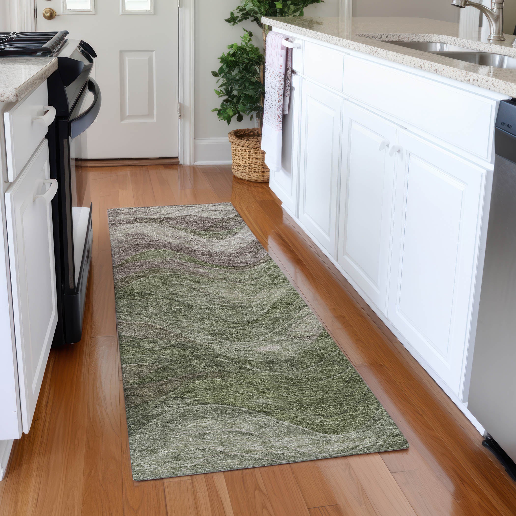 Hoi An Machine Washable Transitional Green Rug 2'3" x 7'6" #shape_Runner