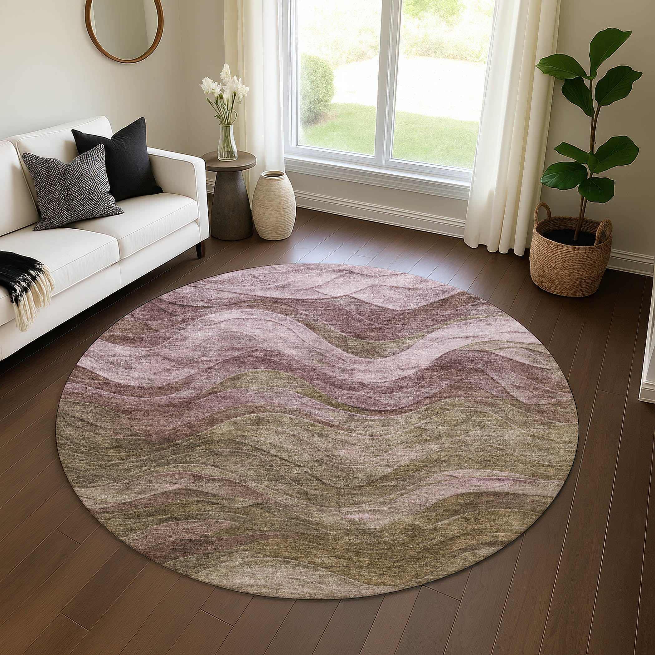 Hoi An Machine Washable Transitional Taupe Brown Rug 8' x 8' #shape_Round