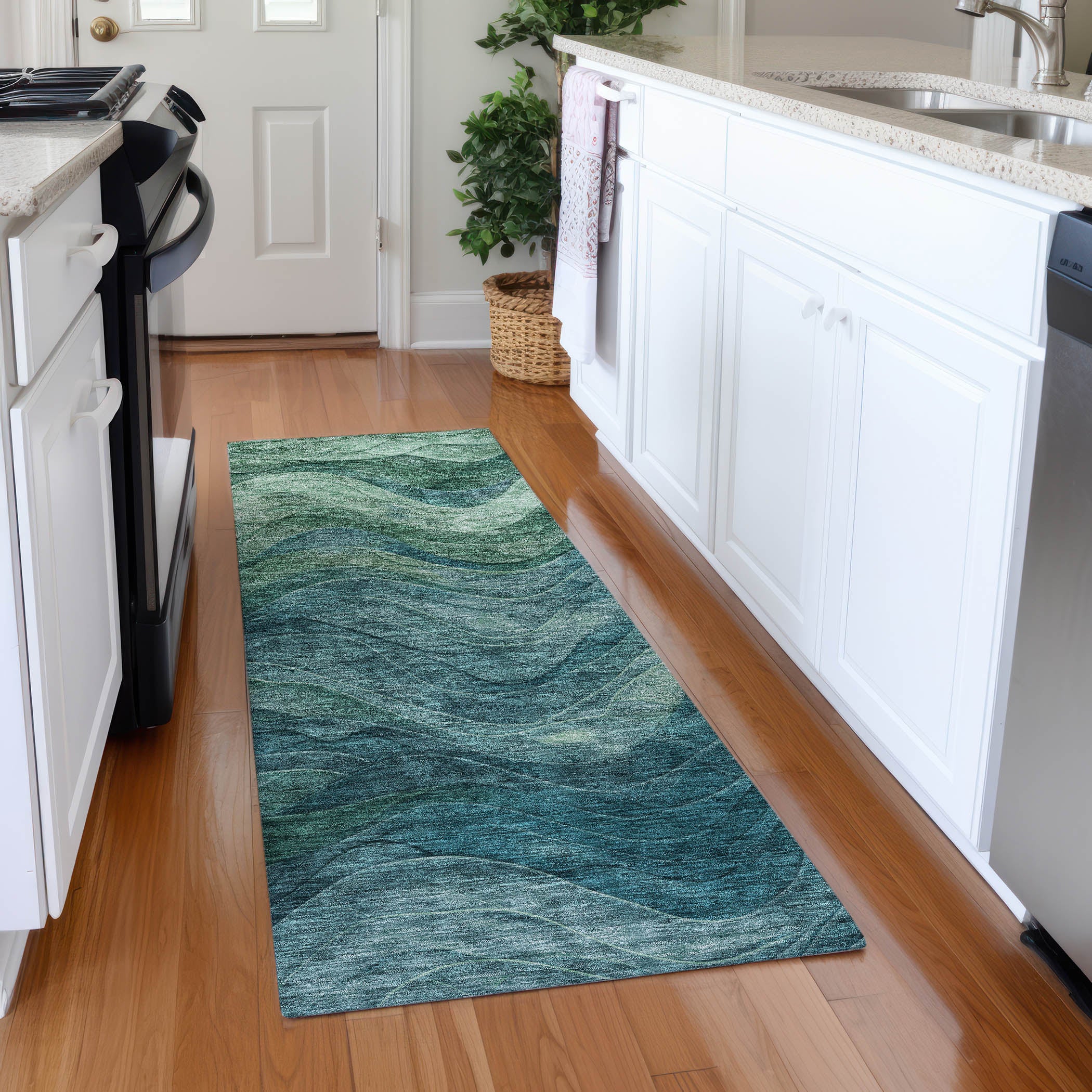 Hoi An Machine Washable Transitional Teal Rug 2'3" x 7'6" #shape_Runner