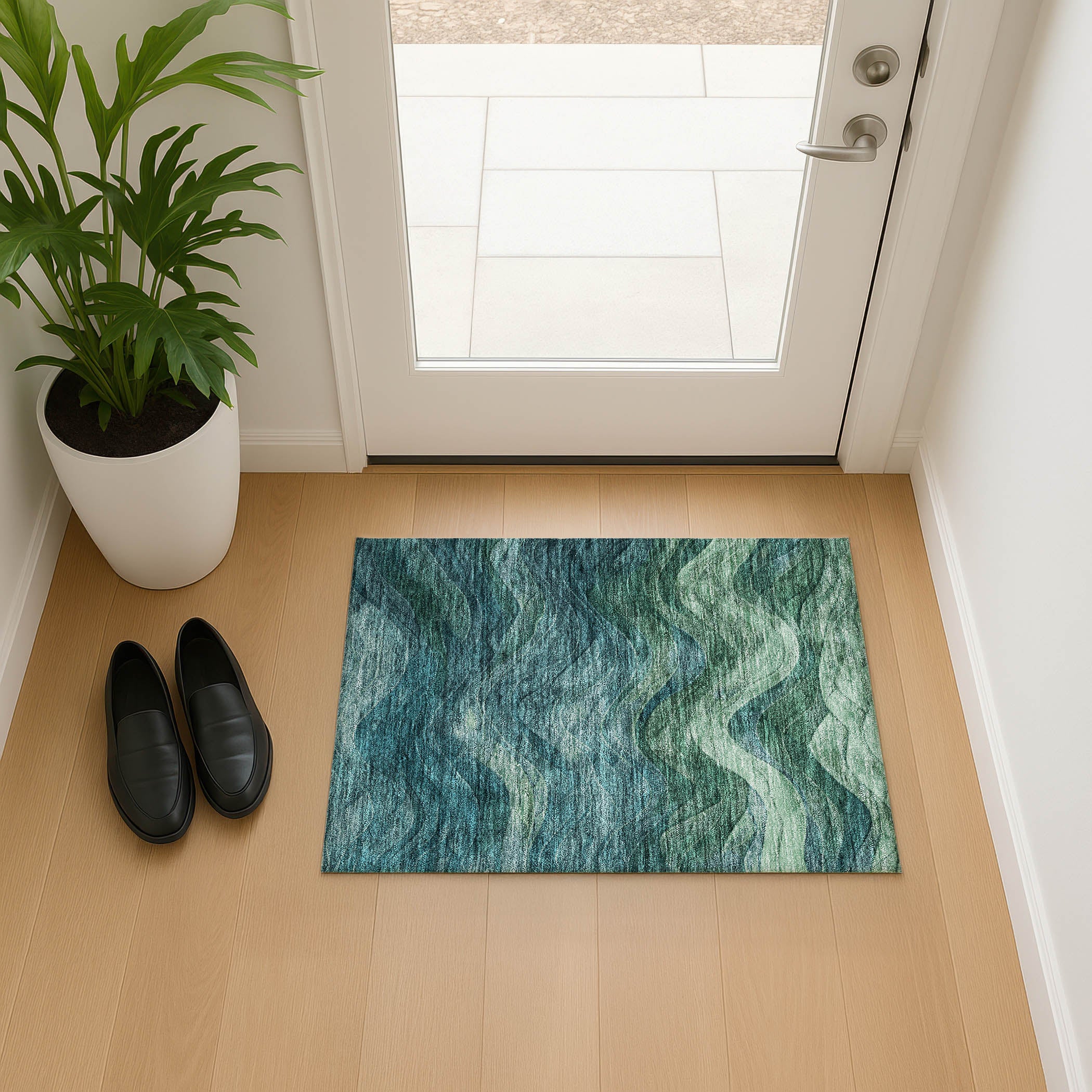 Hoi An Machine Washable Transitional Teal Rug 1'8" x 2'6" #shape_Rectangle