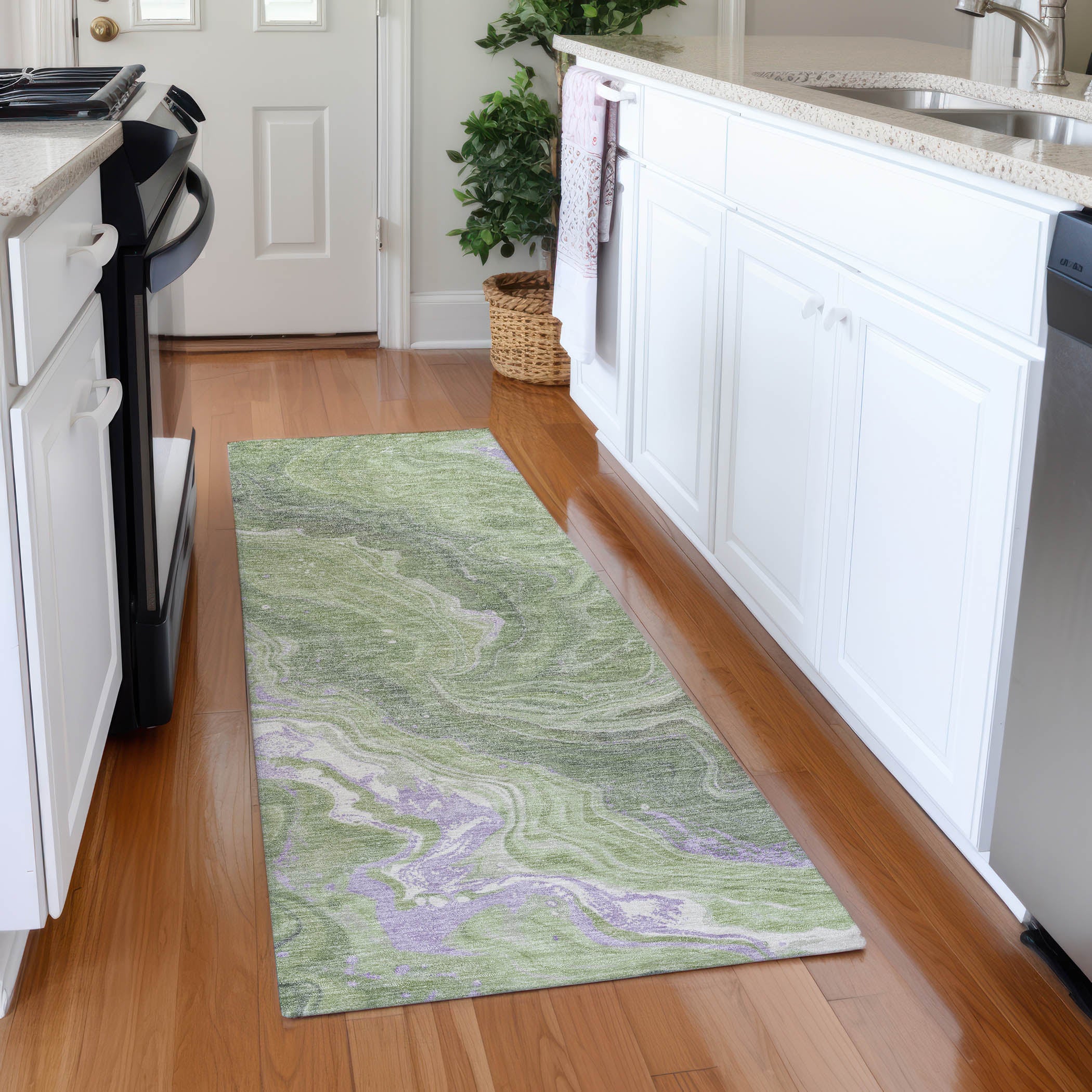 Lima Machine Washable Transitional Aloe Green Rug 2'3" x 7'6" #shape_Runner