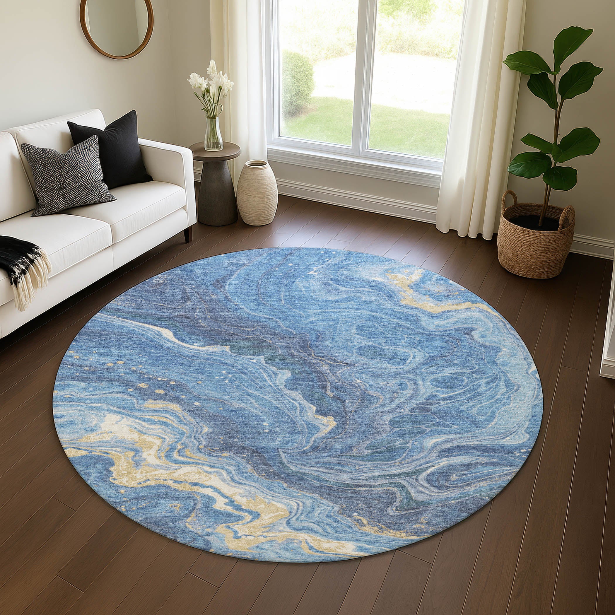 Lima Machine Washable Transitional Blue Rug 8' x 8' #shape_Round