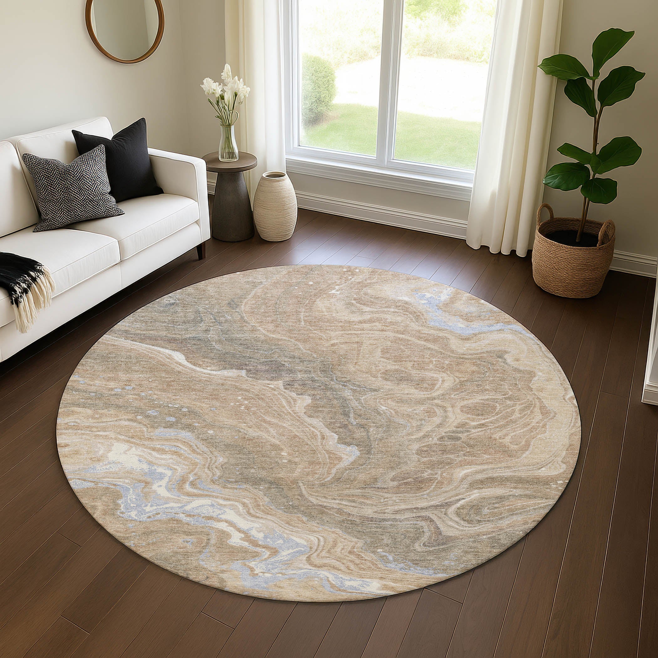 Lima Machine Washable Transitional Taupe Brown Rug 8' x 8' #shape_Round