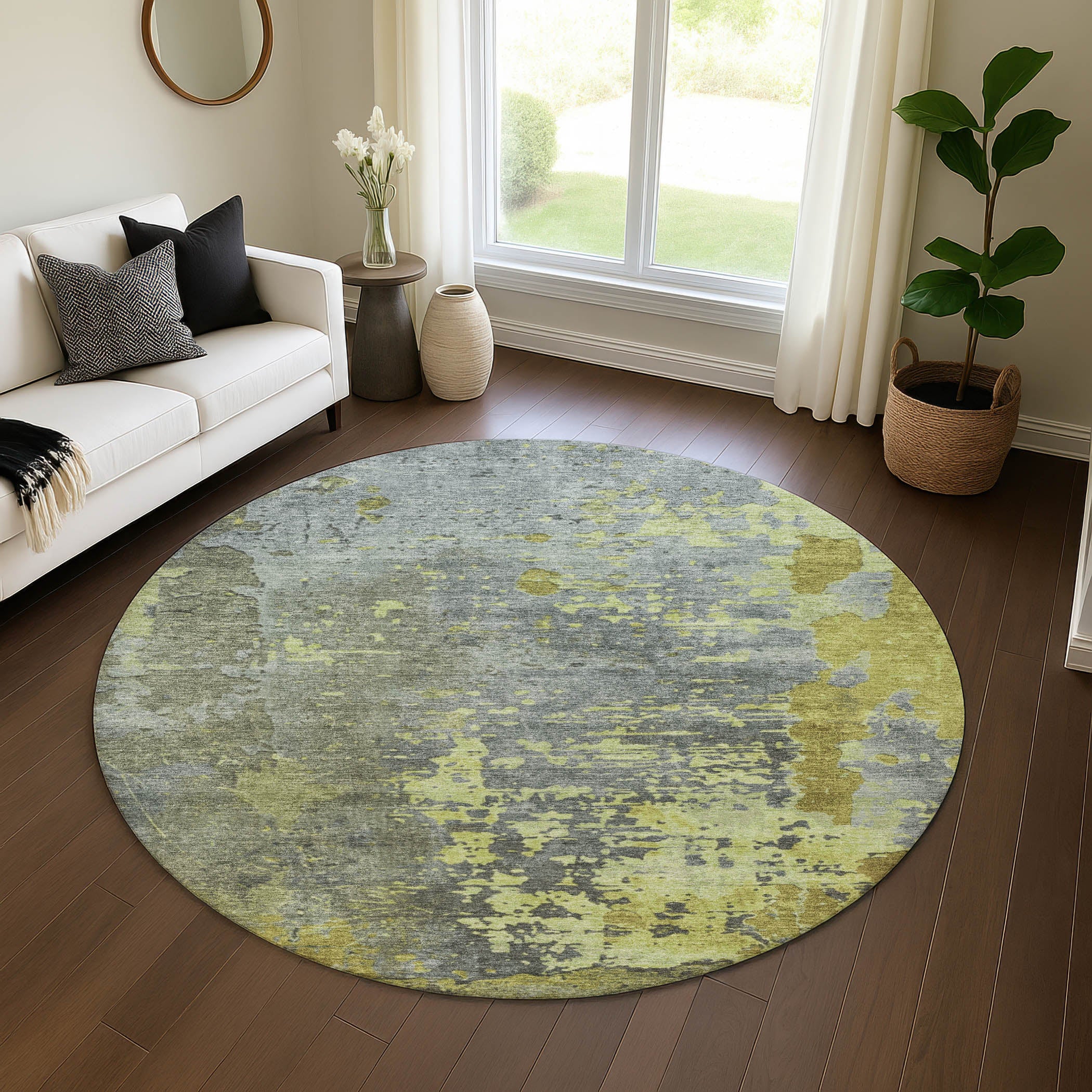 Chiang Mai Machine Washable Transitional Cactus Green Rug 8' x 8' #shape_Round