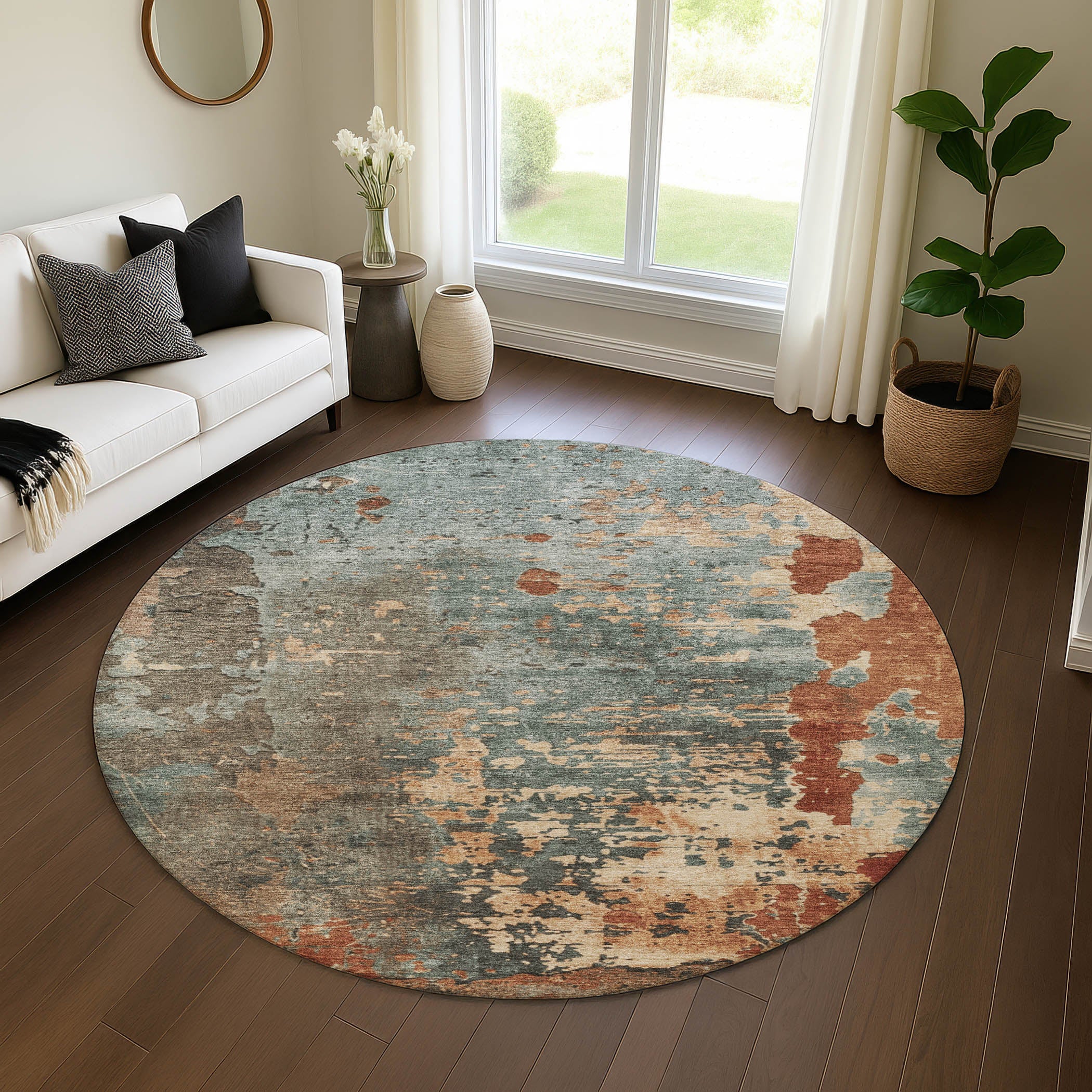 Chiang Mai Machine Washable Transitional Seafoam Blue Rug 8' x 8' #shape_Round