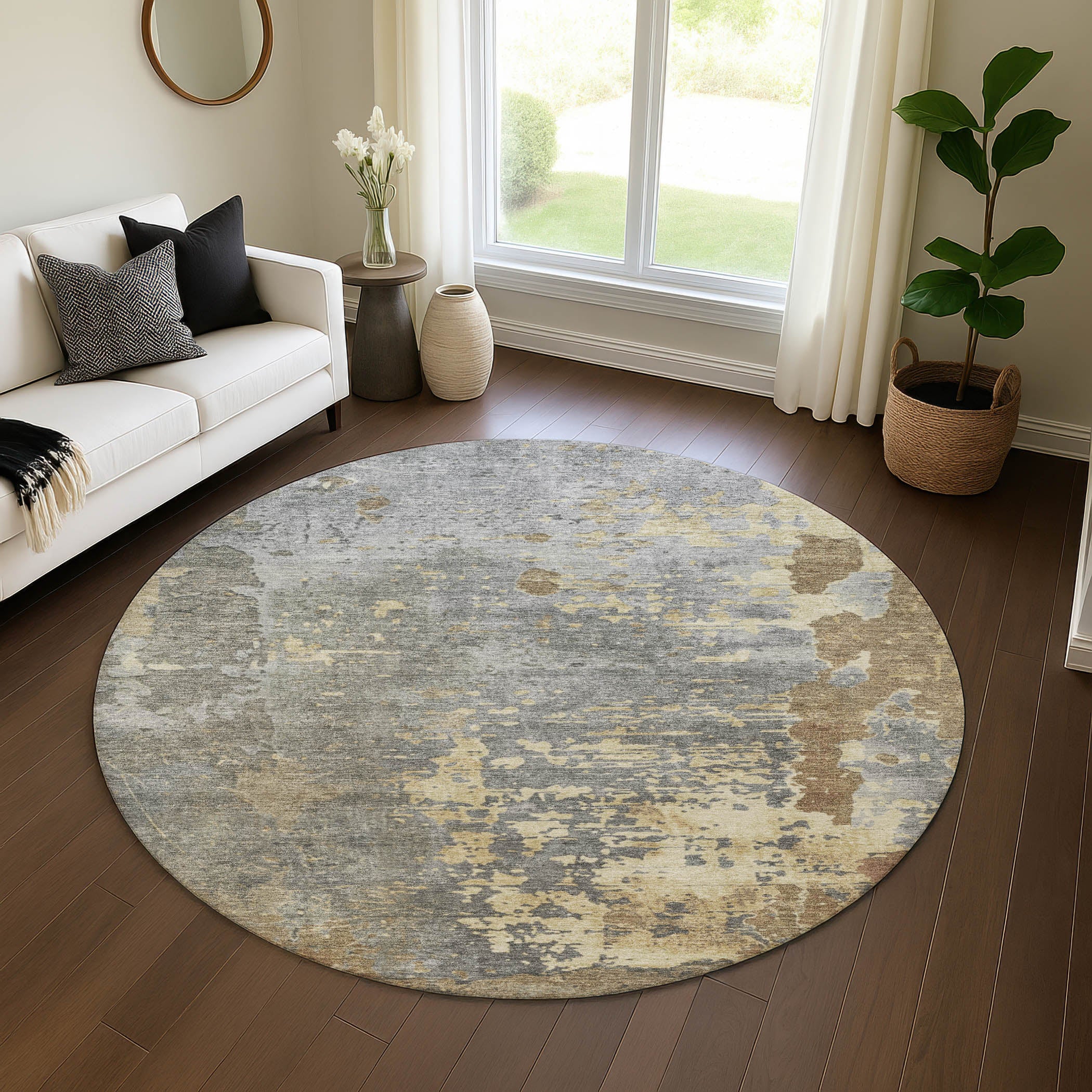 Chiang Mai Machine Washable Transitional Taupe Brown Rug 8' x 8' #shape_Round