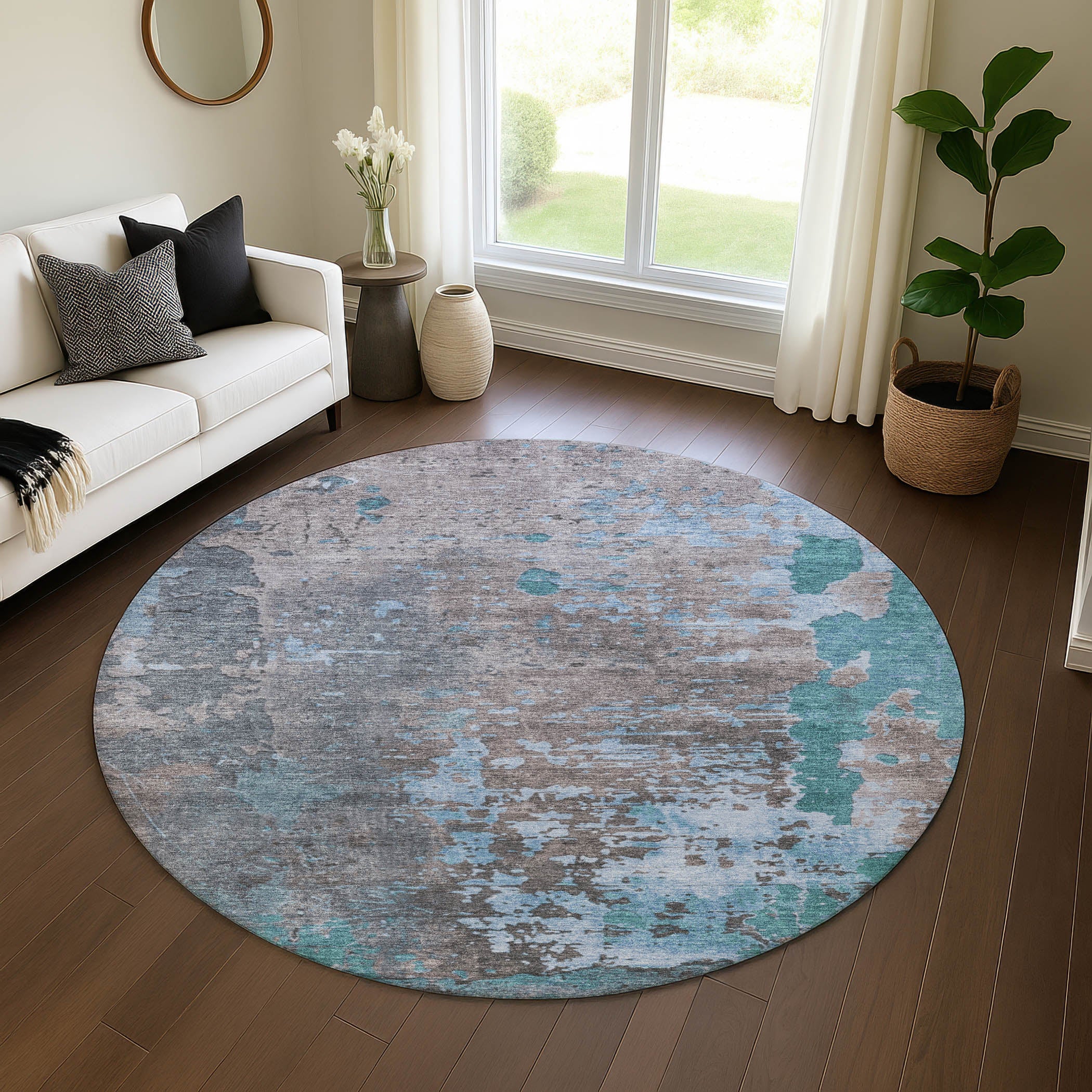 Chiang Mai Machine Washable Transitional Teal Rug 8' x 8' #shape_Round