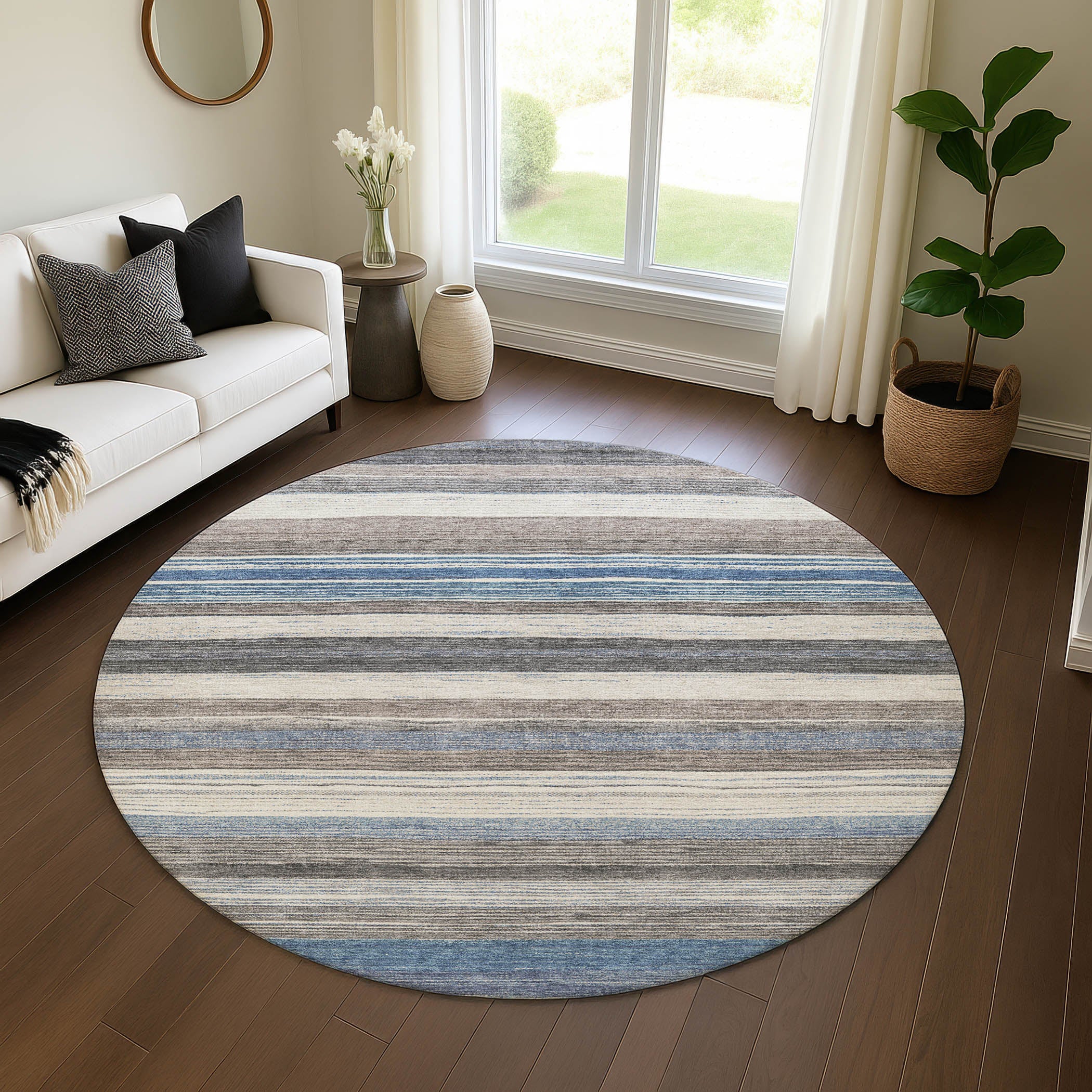 Baku Machine Washable Transitional Denim Blue Rug 8' x 8' #shape_Round