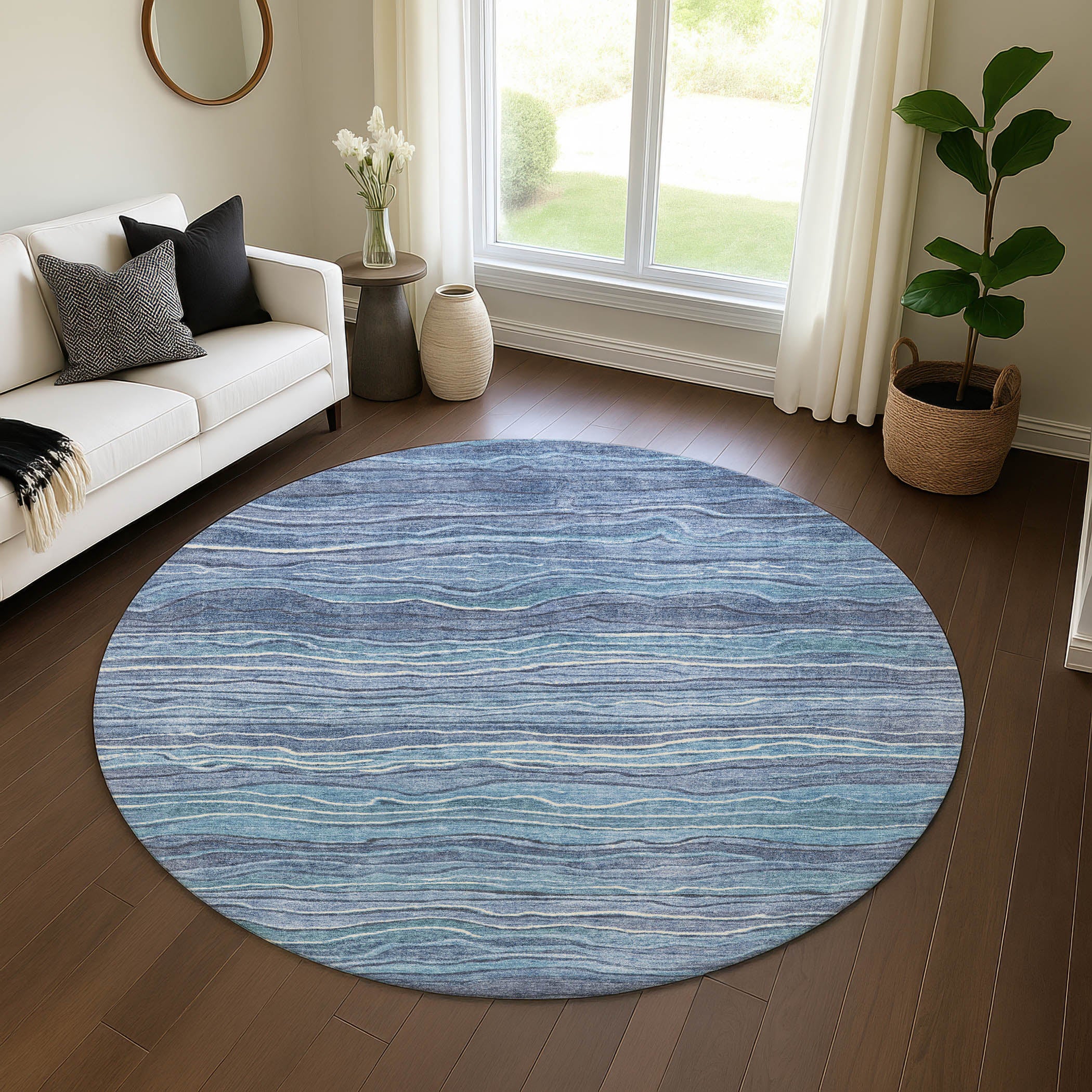 Lisbon Machine Washable Transitional Blue Rug 8' x 8' #shape_Round