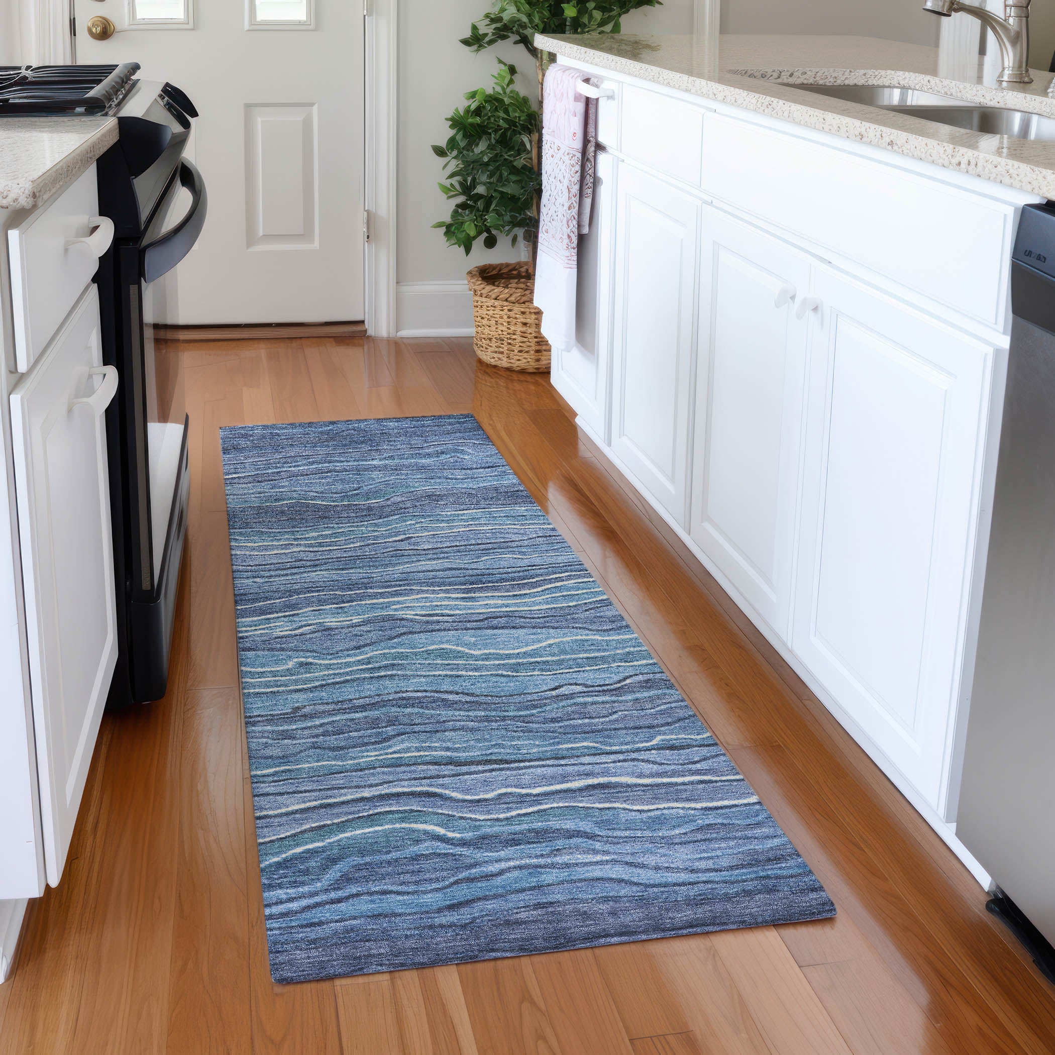 Lisbon Machine Washable Transitional Blue Rug 2'3" x 7'6" #shape_Runner