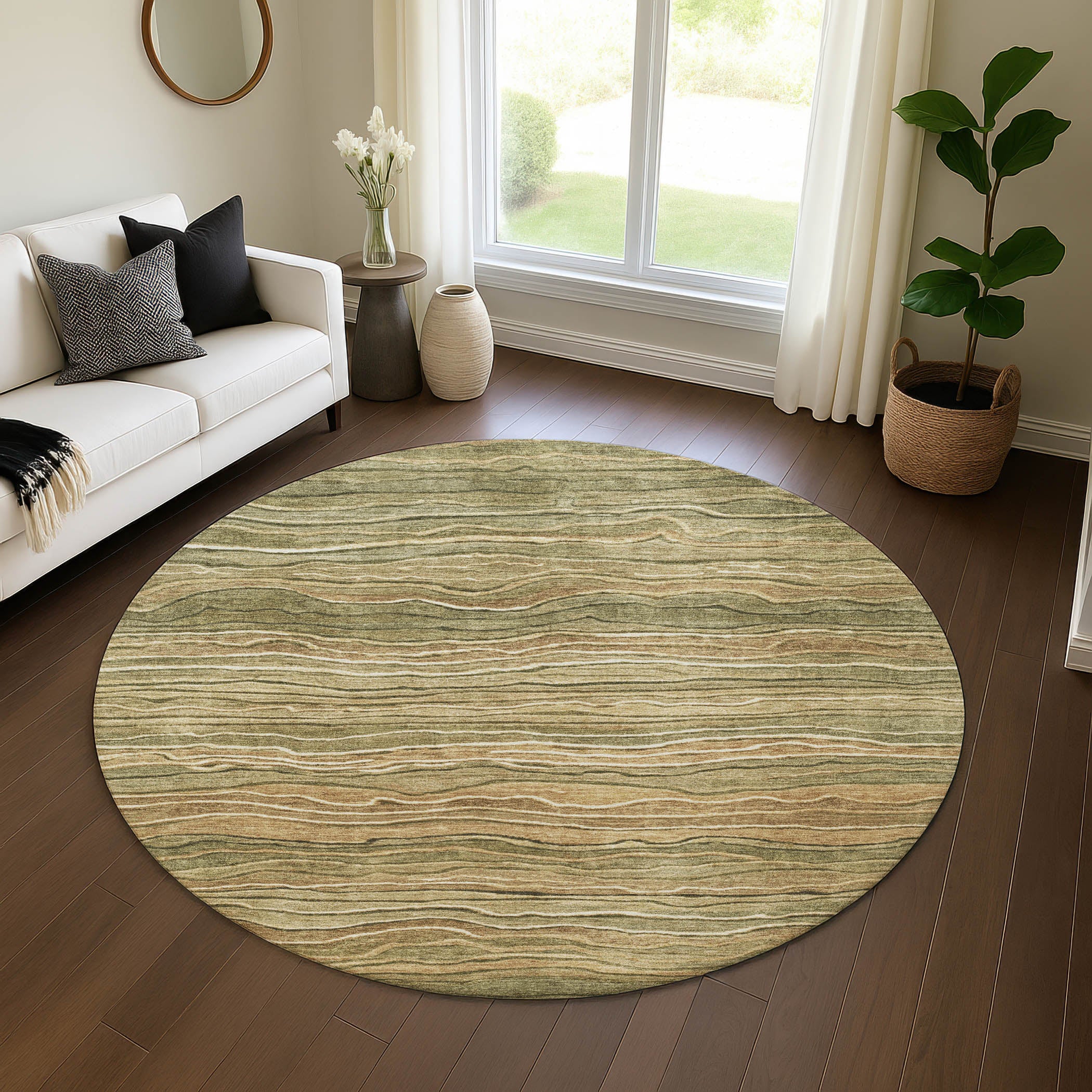 Lisbon Machine Washable Transitional Fern Green Rug 8' x 8' #shape_Round