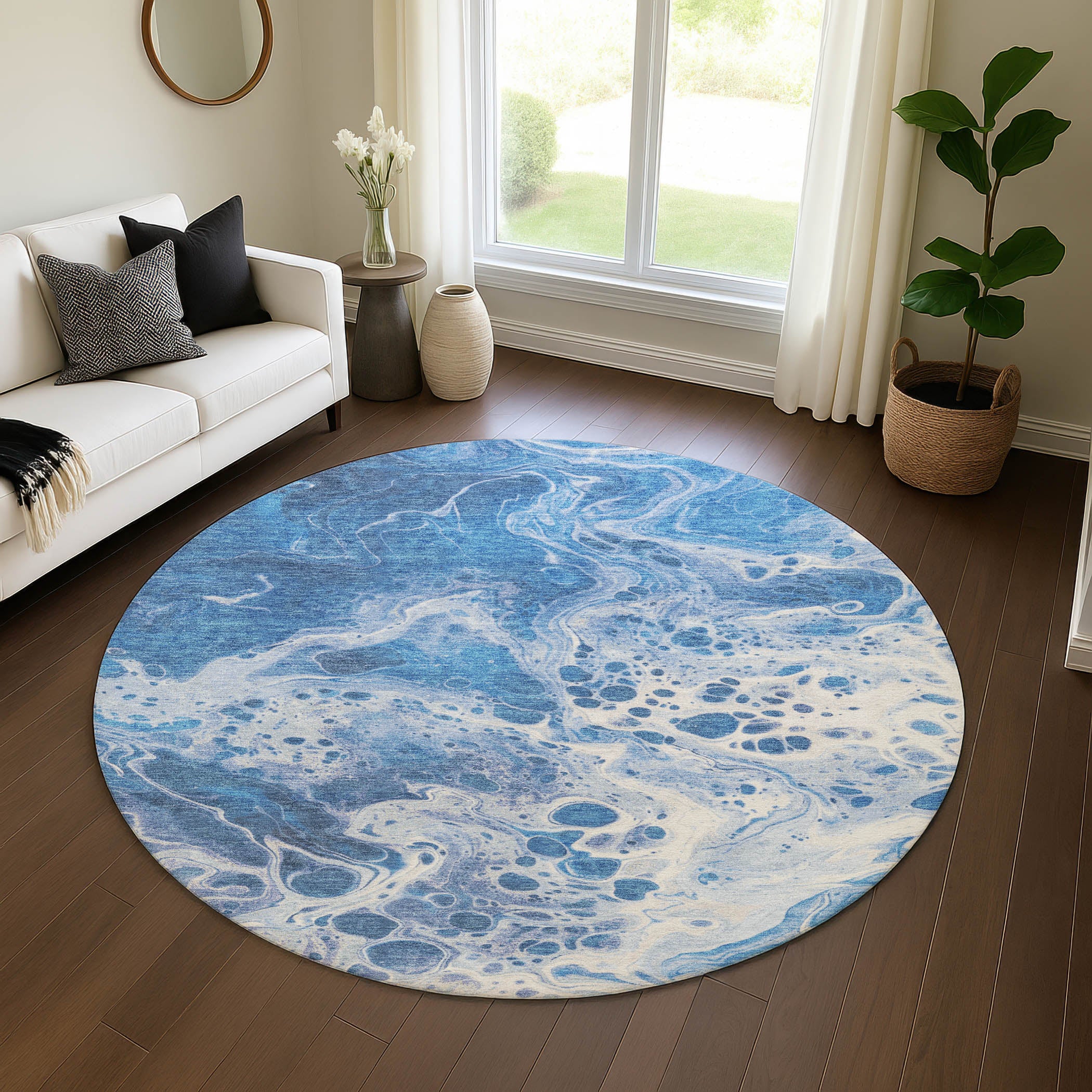 Bruges Machine Washable Transitional Navy Blue Rug 8' x 8' #shape_Round