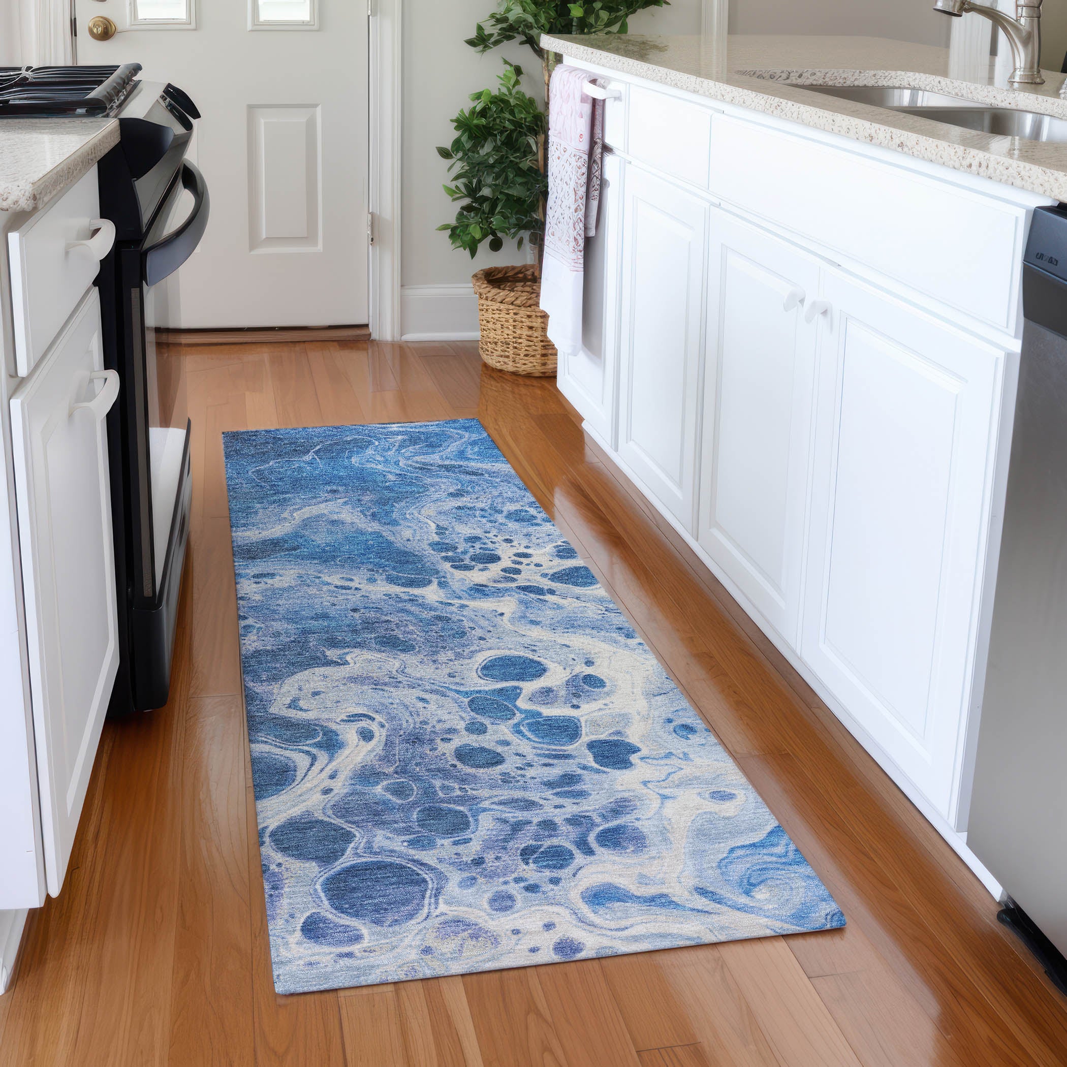 Bruges Machine Washable Transitional Navy Blue Rug 2'3" x 7'6" #shape_Runner