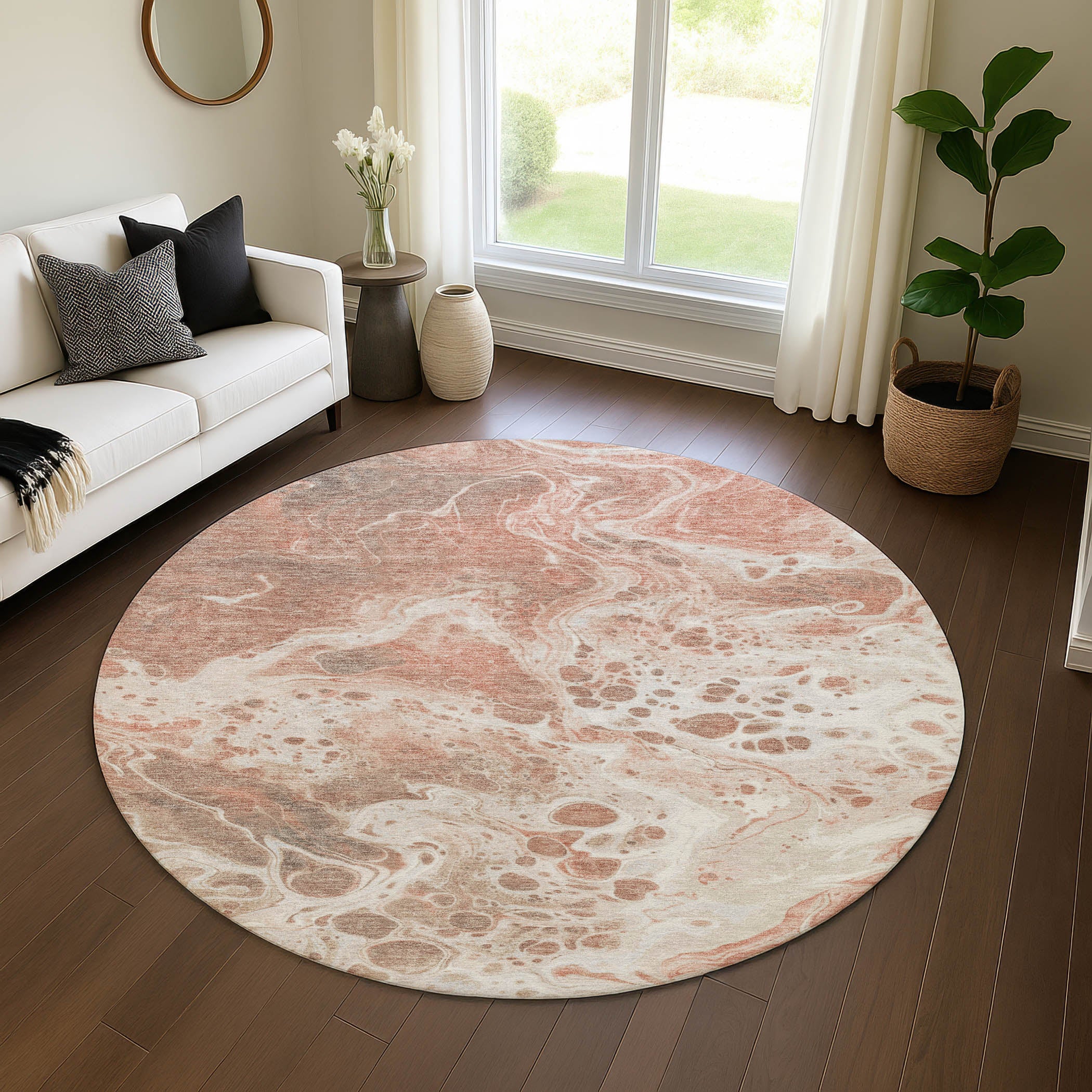 Bruges Machine Washable Transitional Paprika Orange Rug 8' x 8' #shape_Round