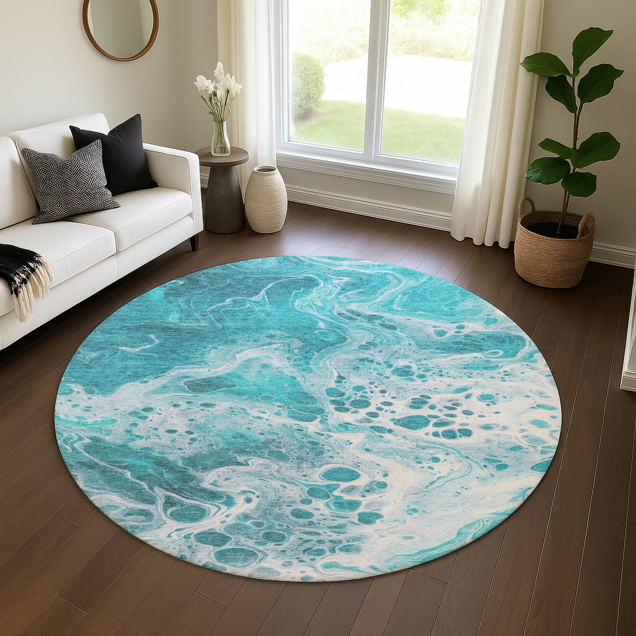 Bruges Machine Washable Transitional Teal Rug 8' x 8' #shape_Round