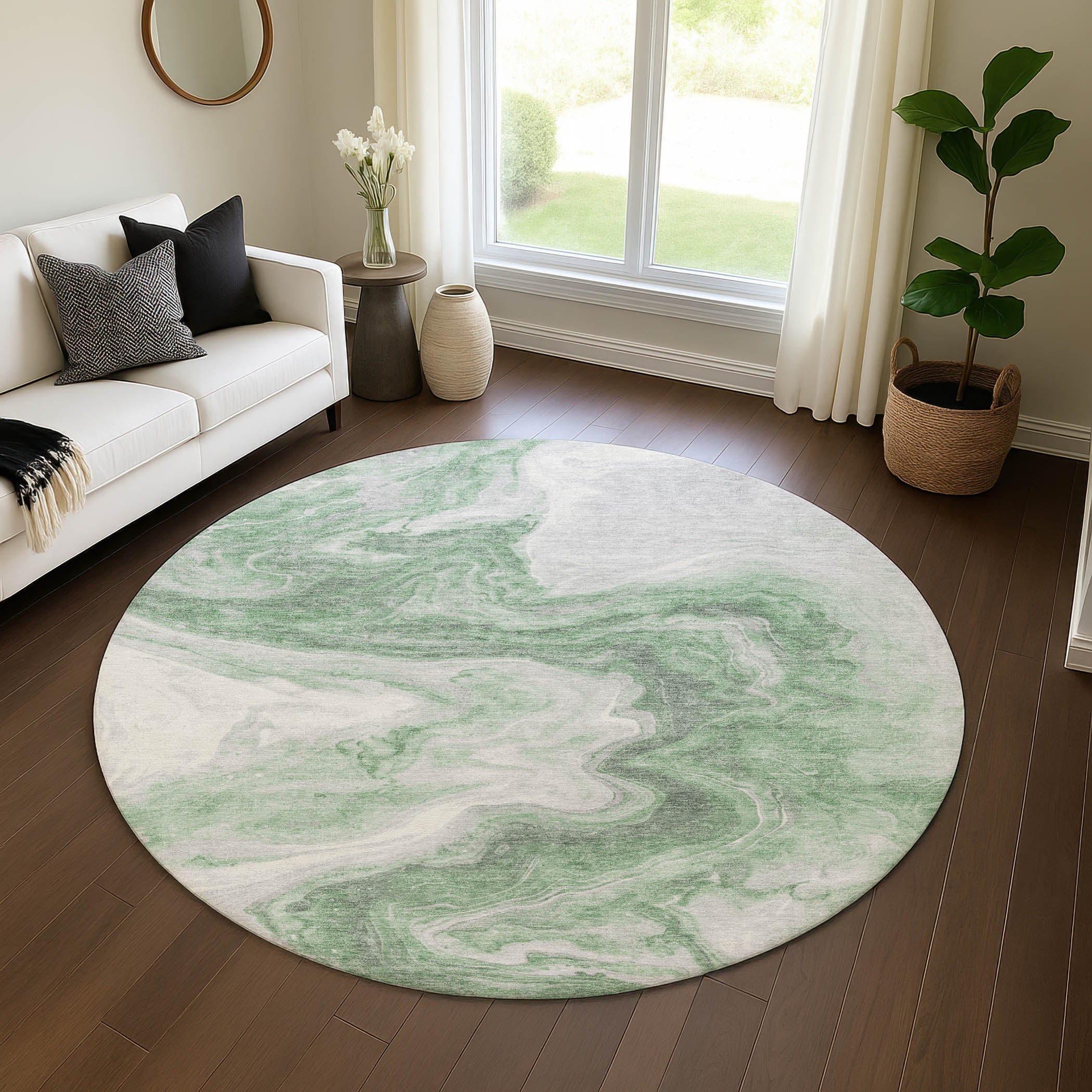 Reykjavik Machine Washable Transitional Green Rug 8' x 8' #shape_Round