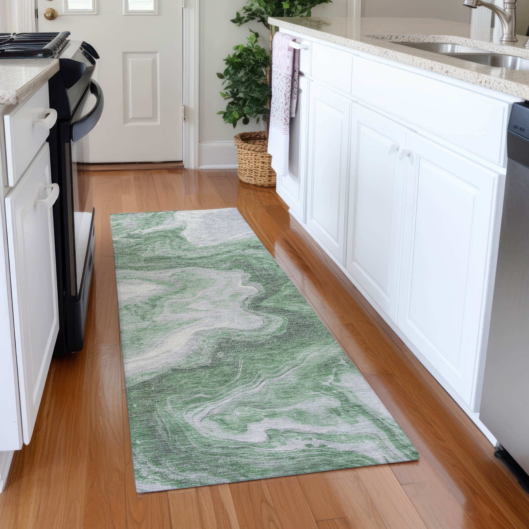 Reykjavik Machine Washable Transitional Green Rug 2'3" x 7'6" #shape_Runner