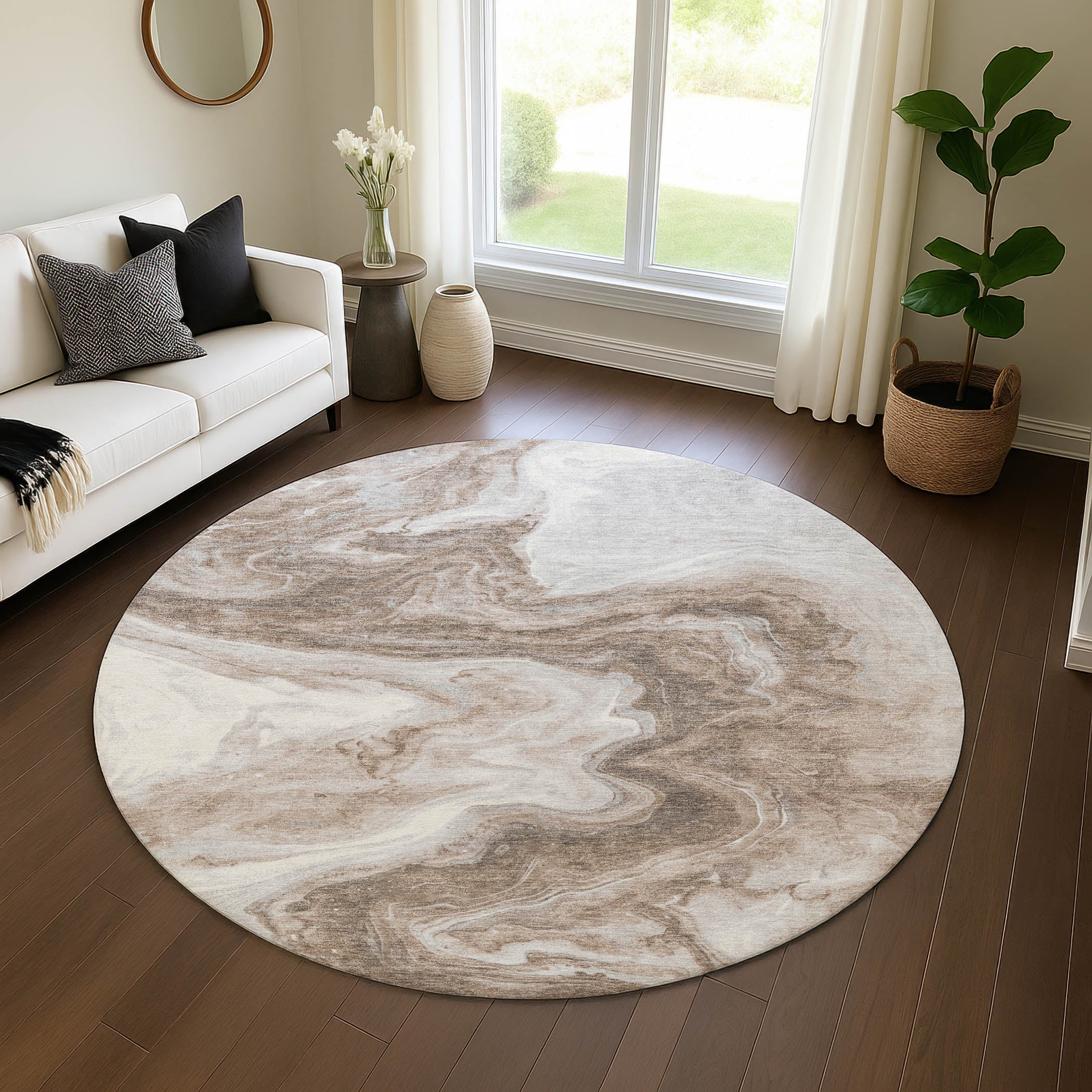 Reykjavik Machine Washable Transitional Taupe Brown Rug 8' x 8' #shape_Round