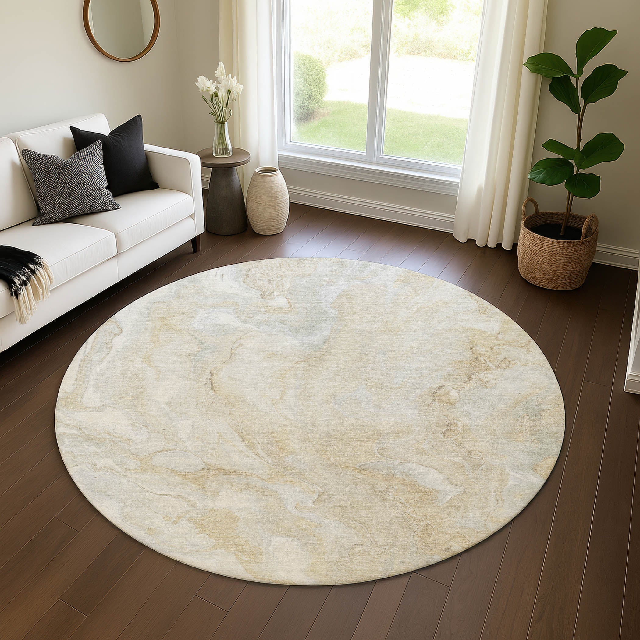 Santorini Machine Washable Transitional Beige Brown Rug 8' x 8' #shape_Round