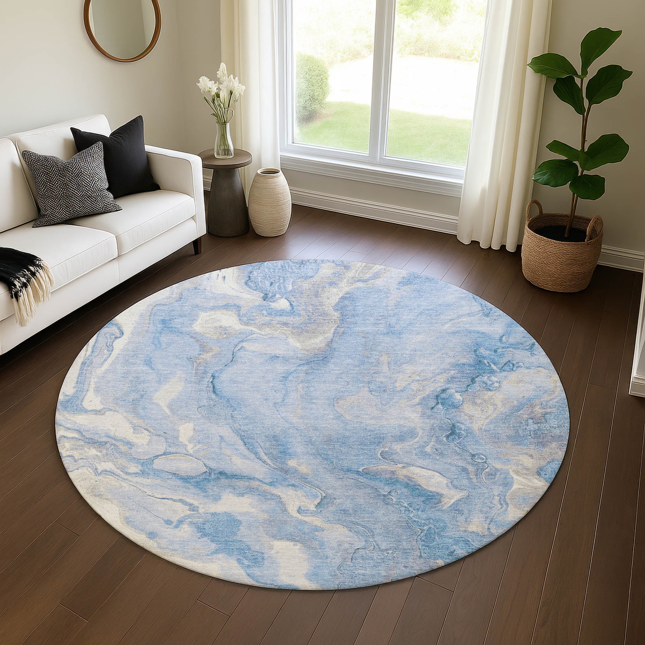 Santorini Machine Washable Transitional Blue Rug 8' x 8' #shape_Round