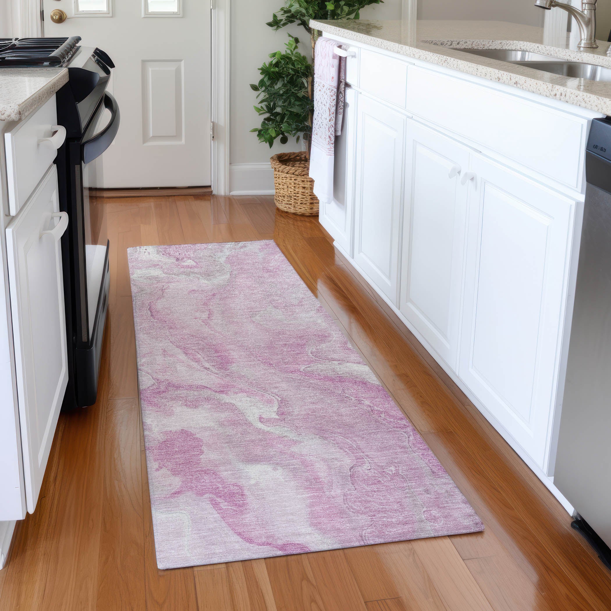 Santorini Machine Washable Transitional Pink Rug 2'3" x 7'6" #shape_Runner