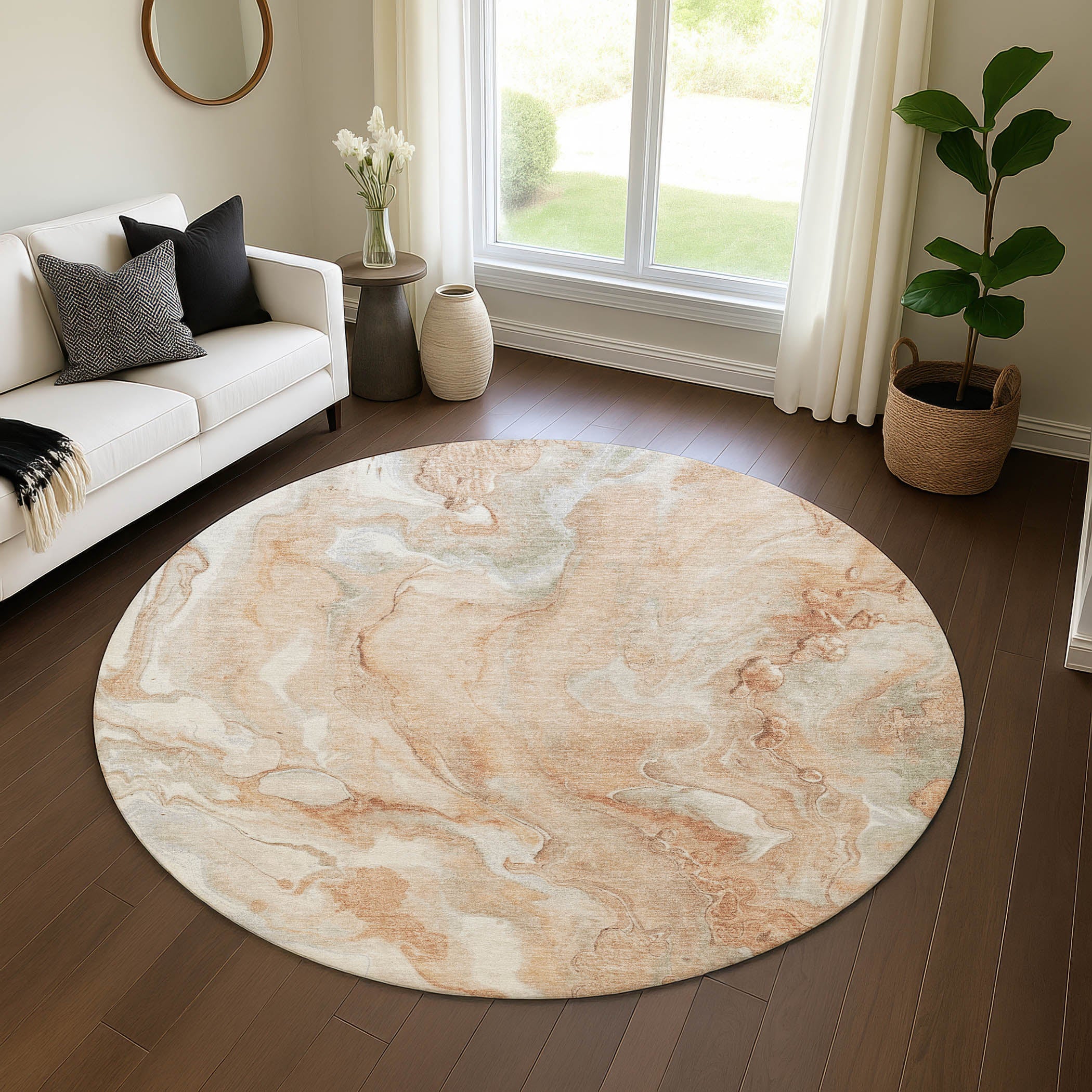 Santorini Machine Washable Transitional Salmon Orange Rug 8' x 8' #shape_Round
