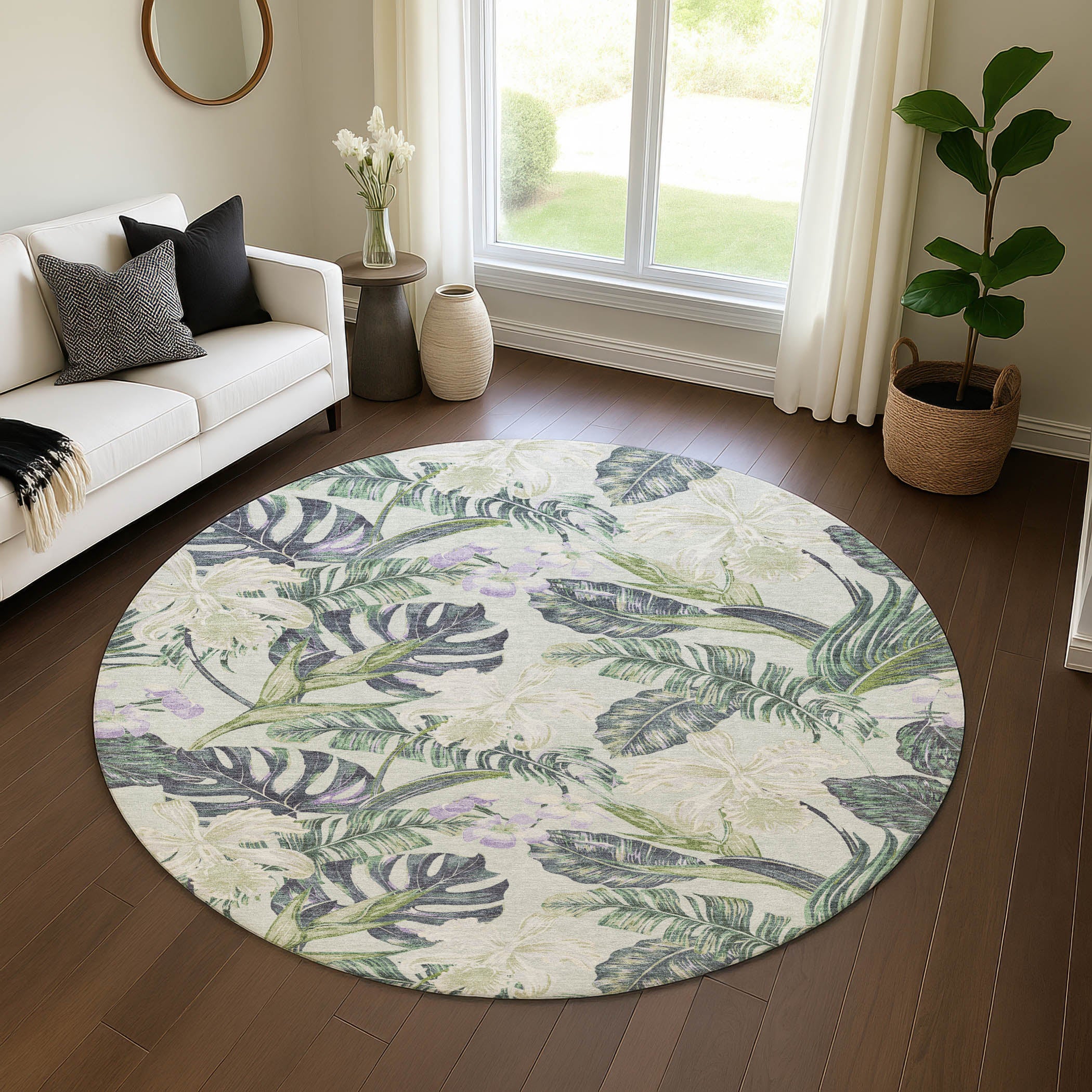 Dubrovnik Machine Washable Transitional Aloe Green Rug 8' x 8' #shape_Round