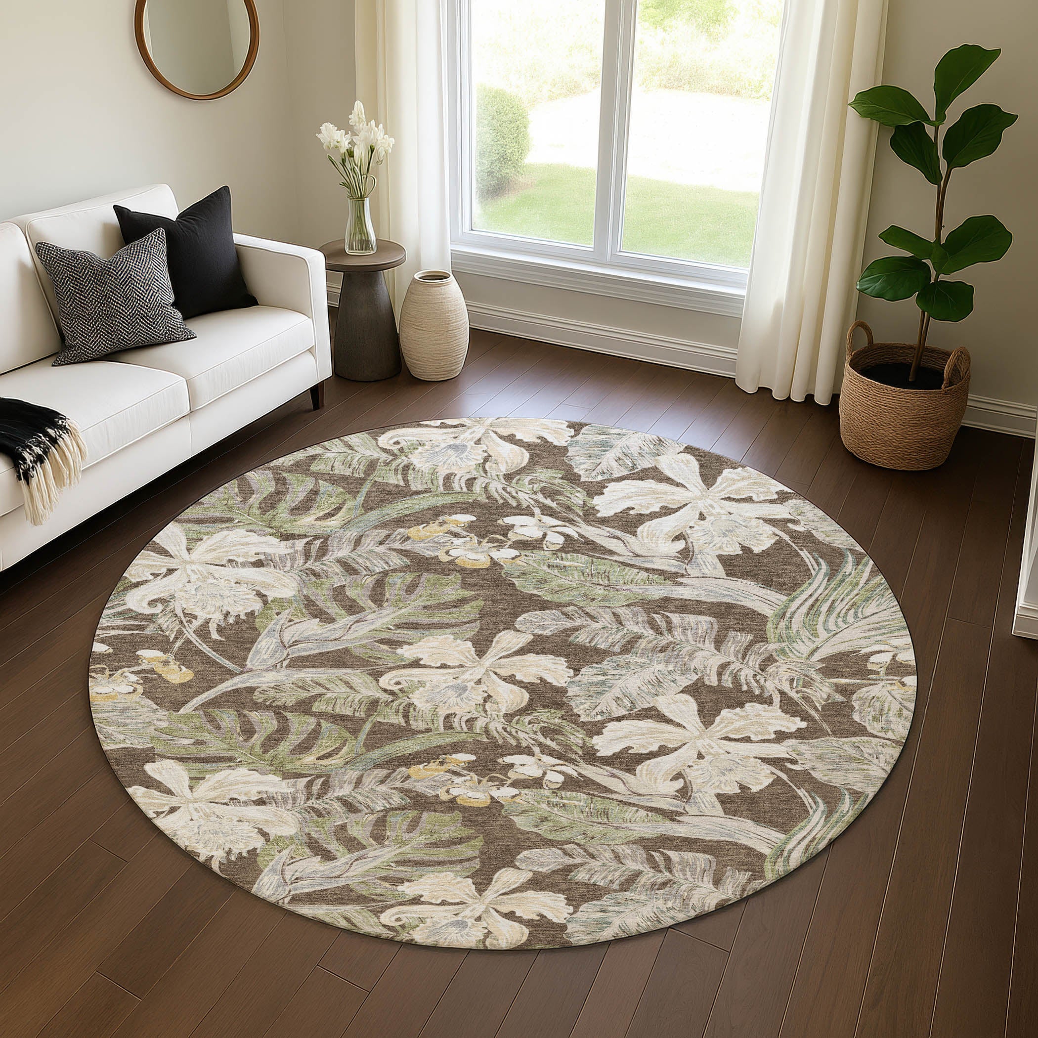Dubrovnik Machine Washable Transitional Brown Rug 8' x 8' #shape_Round