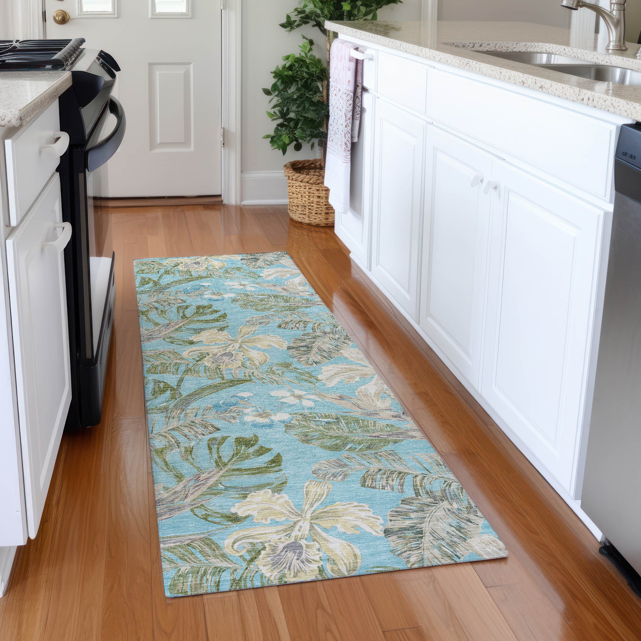 Dubrovnik Machine Washable Transitional Teal Rug 2'3" x 7'6" #shape_Runner
