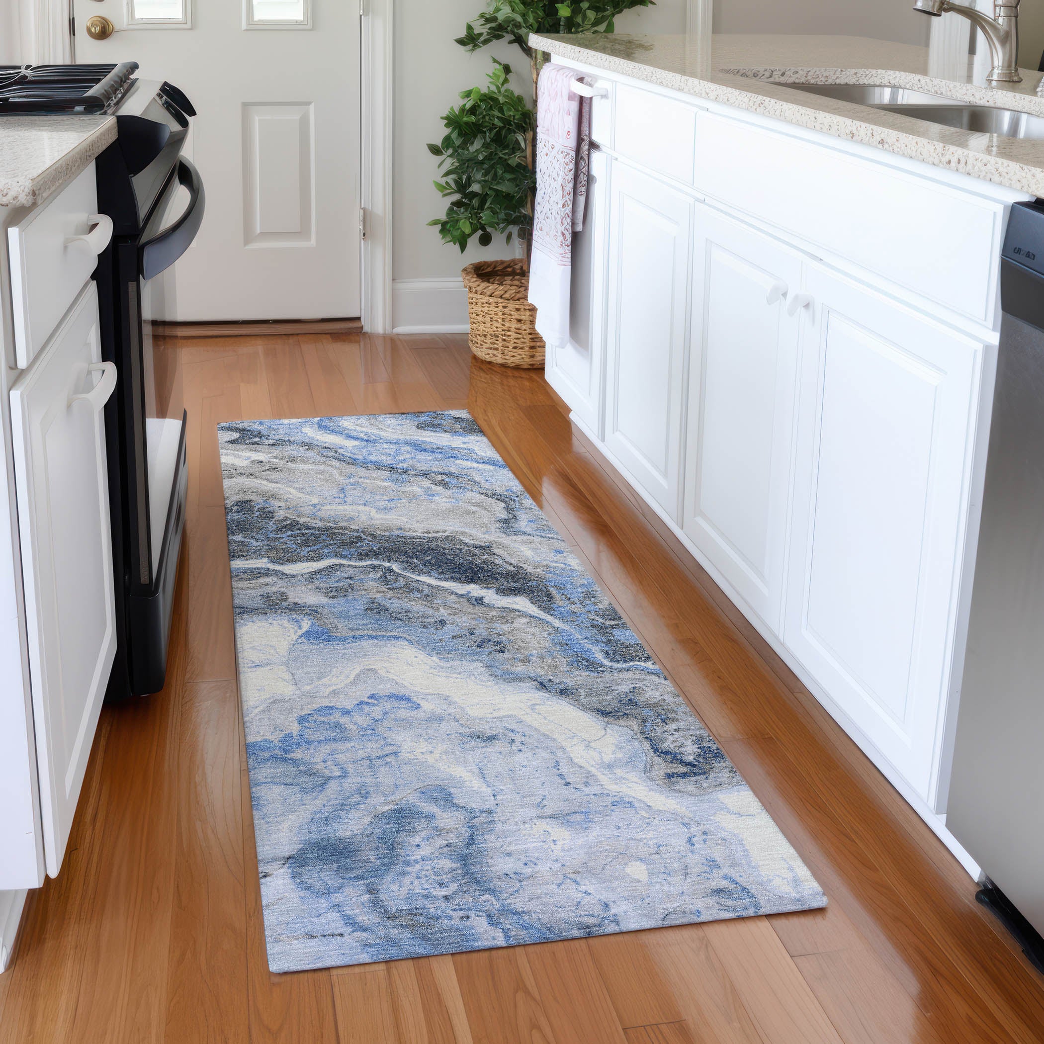 Reykjavik Machine Washable Transitional Blue Rug 2'3" x 7'6" #shape_Runner