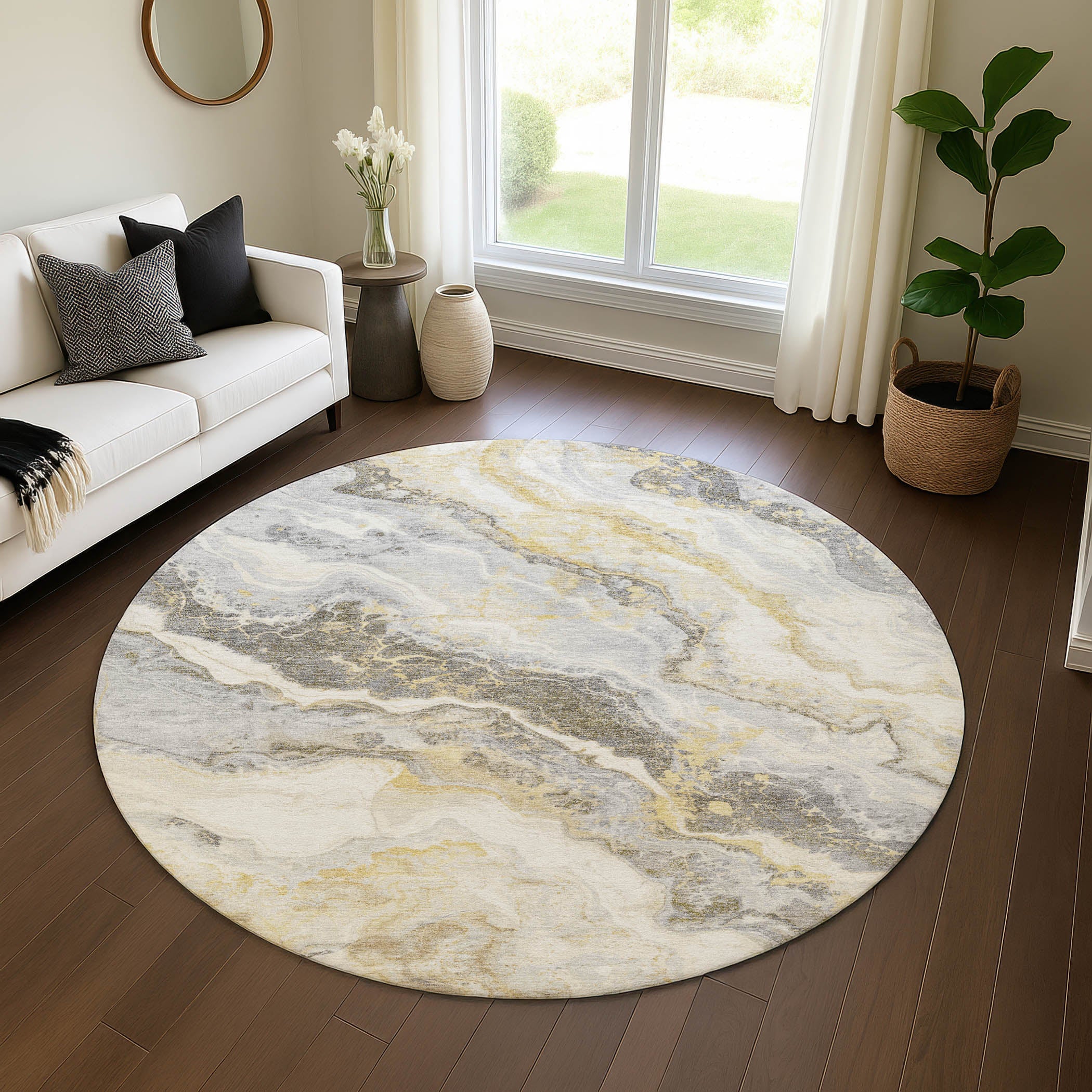 Reykjavik Machine Washable Transitional Gold Rug 8' x 8' #shape_Round