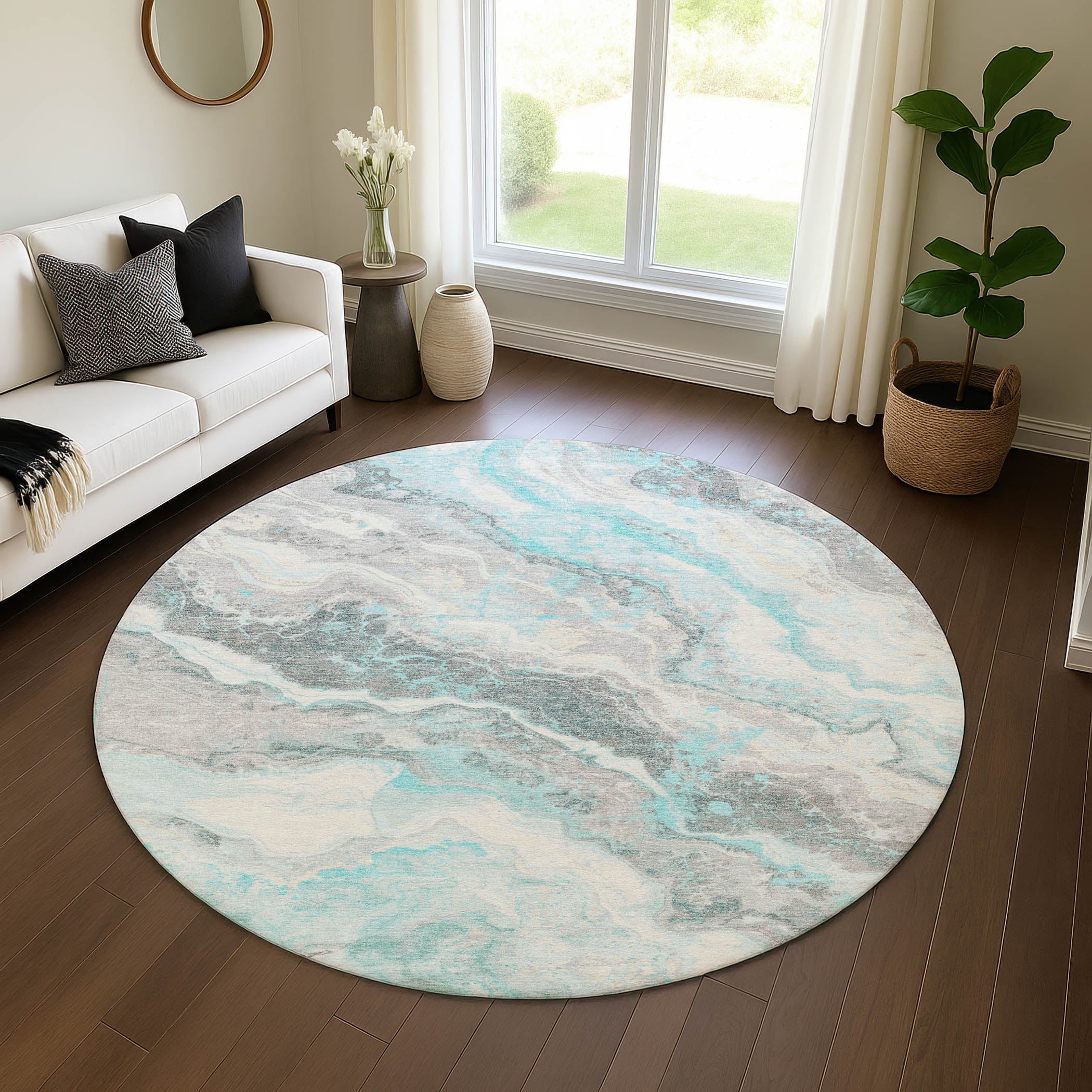 Reykjavik Machine Washable Transitional Teal Rug 8' x 8' #shape_Round