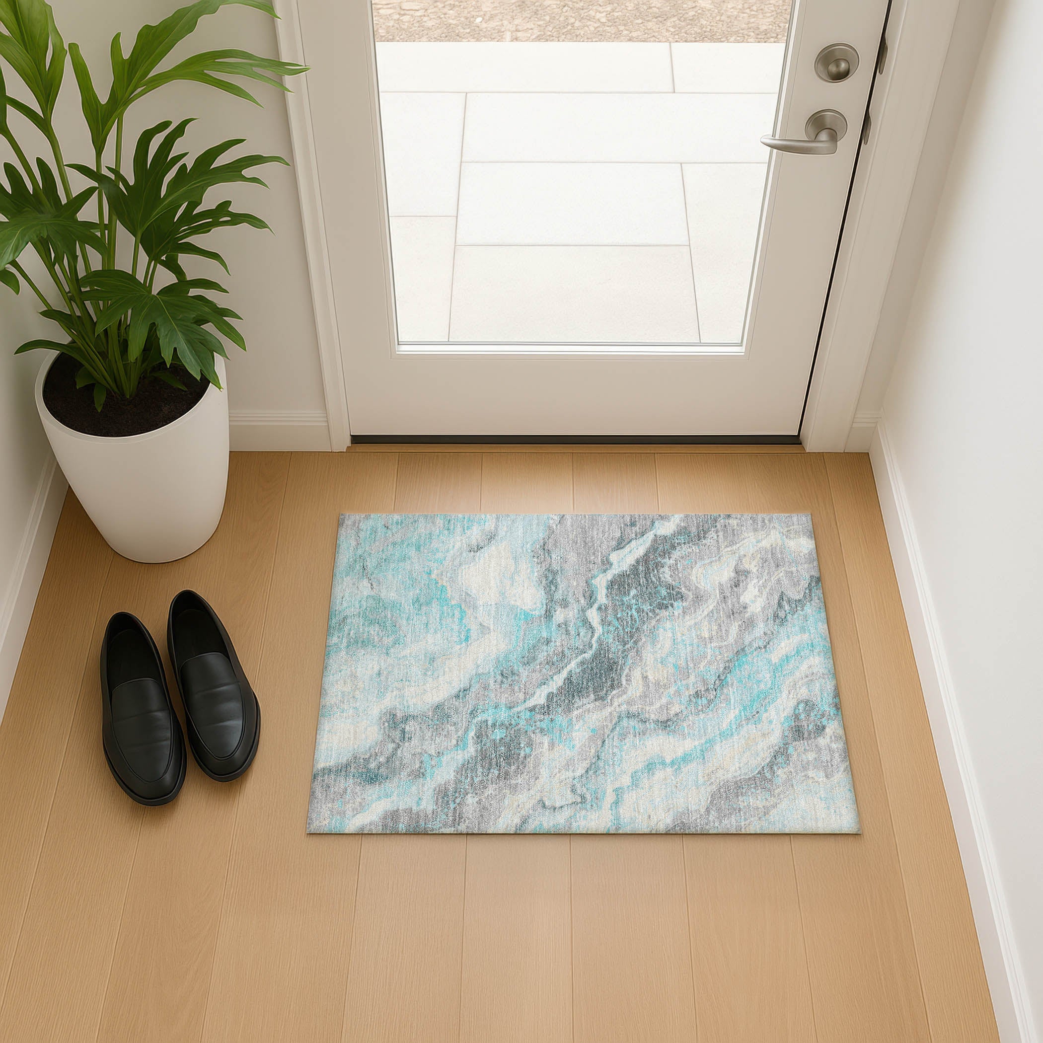 Reykjavik Machine Washable Transitional Teal Rug 1'8" x 2'6" #shape_Rectangle