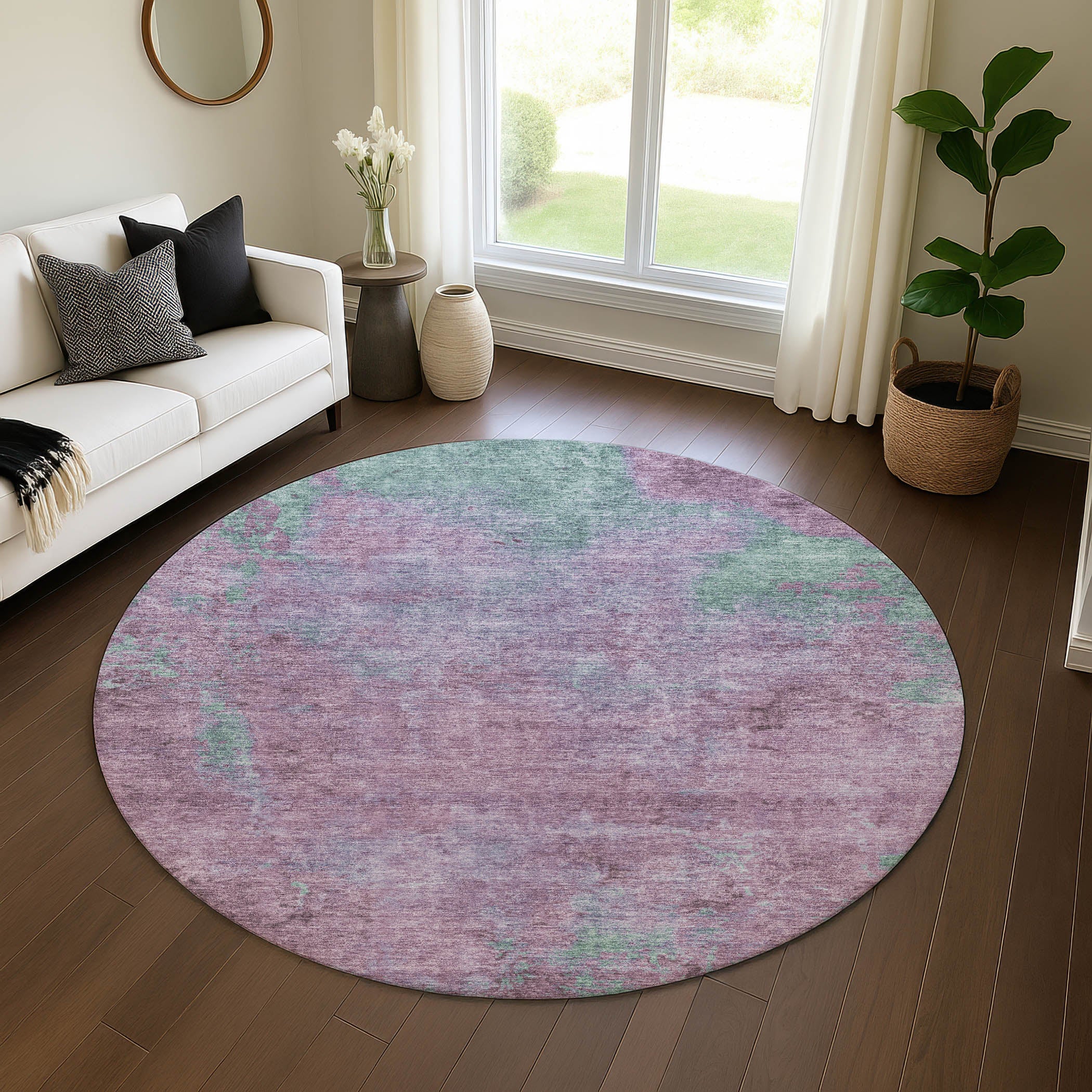 Seoul Machine Washable Transitional Lavender Purple Rug 8' x 8' #shape_Round
