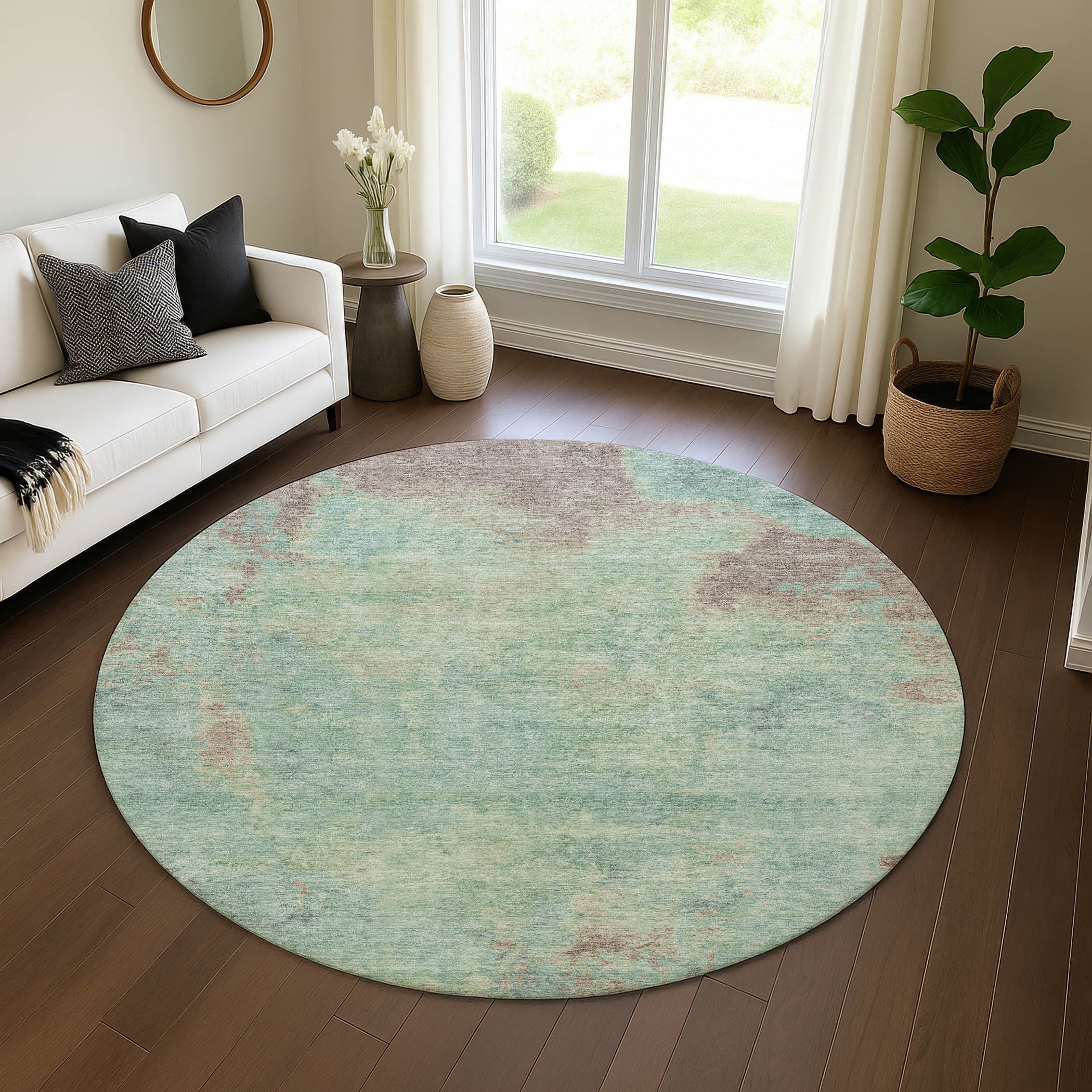 Seoul Machine Washable Transitional Seafoam Blue Rug 8' x 8' #shape_Round