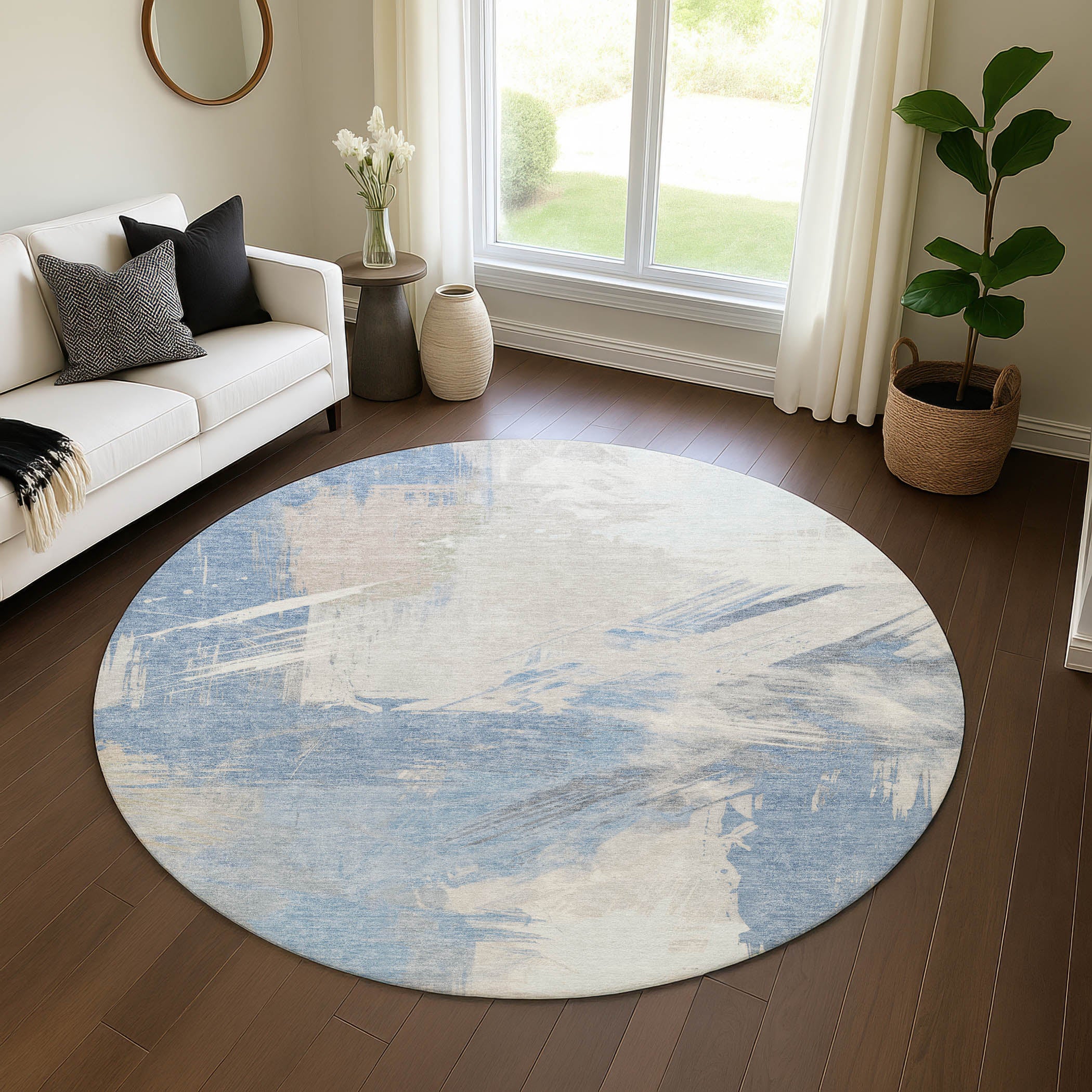 Antigua Machine Washable Transitional Denim Blue Rug 8' x 8' #shape_Round