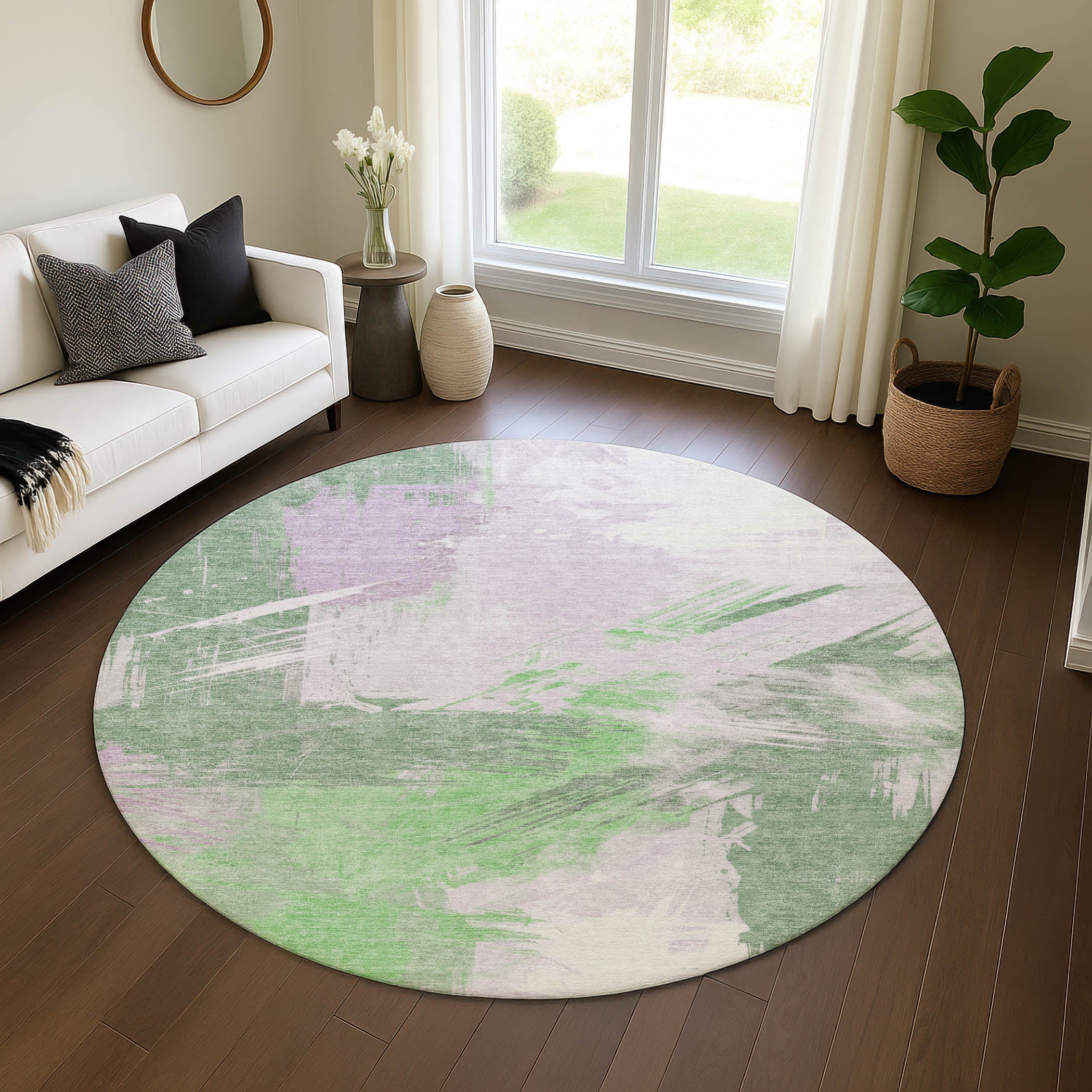Antigua Machine Washable Transitional Green Rug 8' x 8' #shape_Round