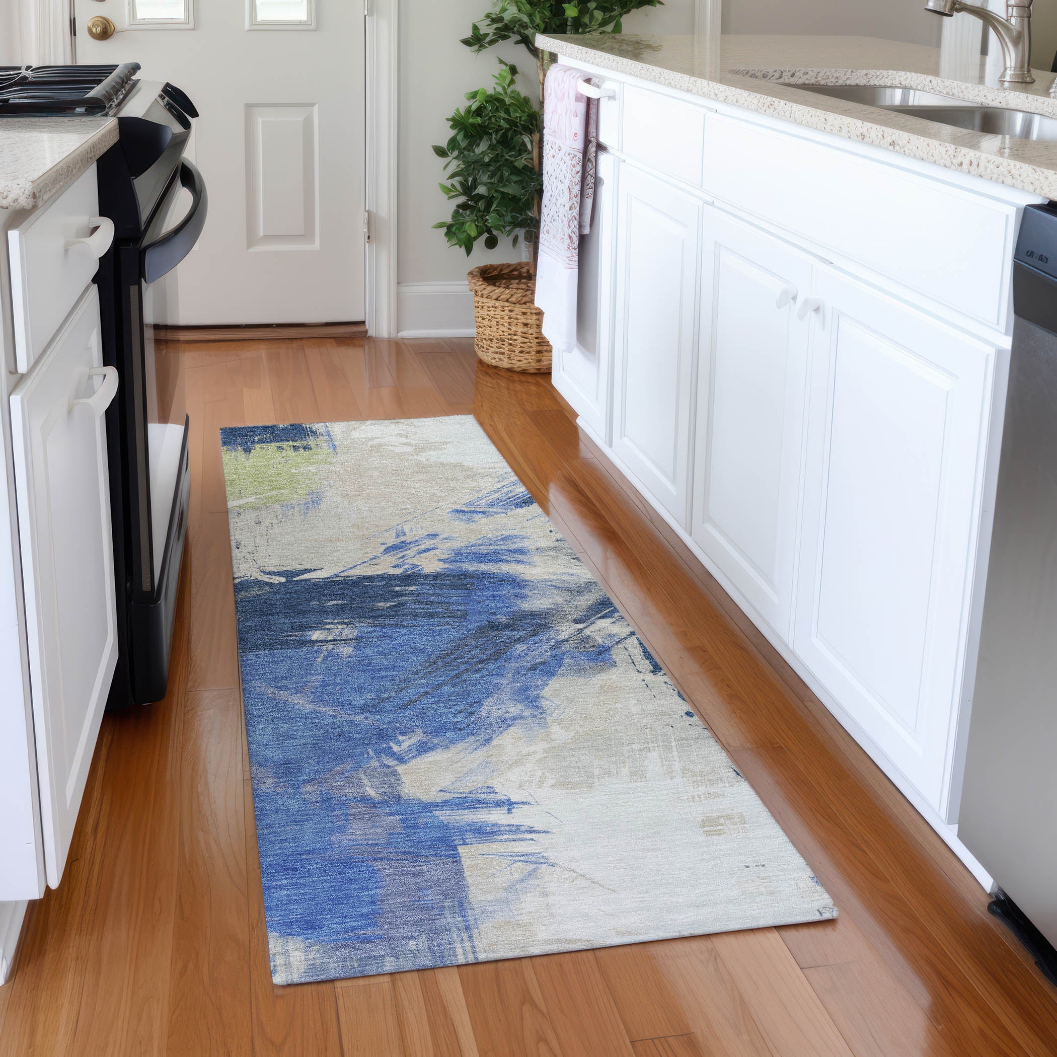 Antigua Machine Washable Transitional Navy Blue Rug 2'3" x 7'6" #shape_Runner