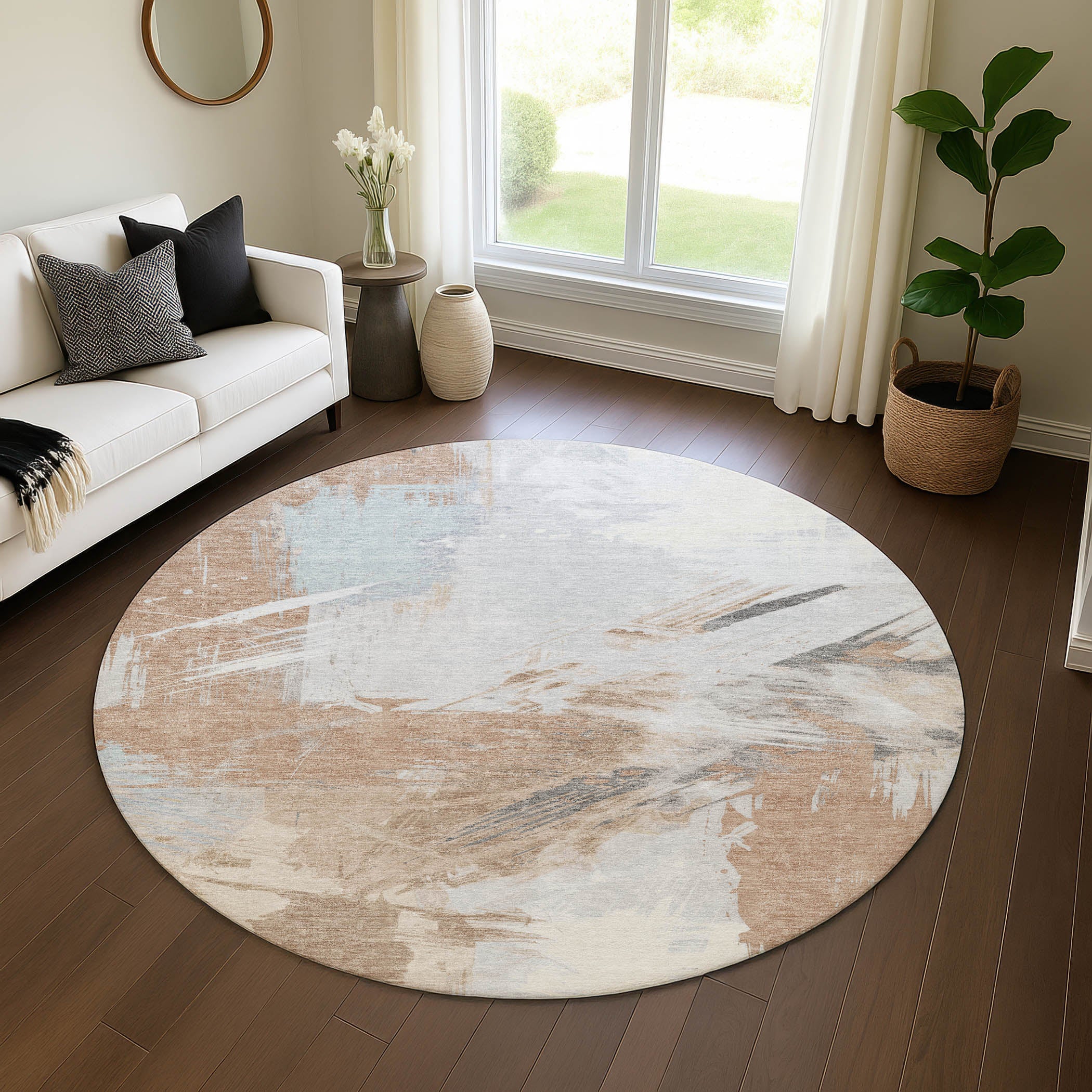 Antigua Machine Washable Transitional Paprika Orange Rug 8' x 8' #shape_Round