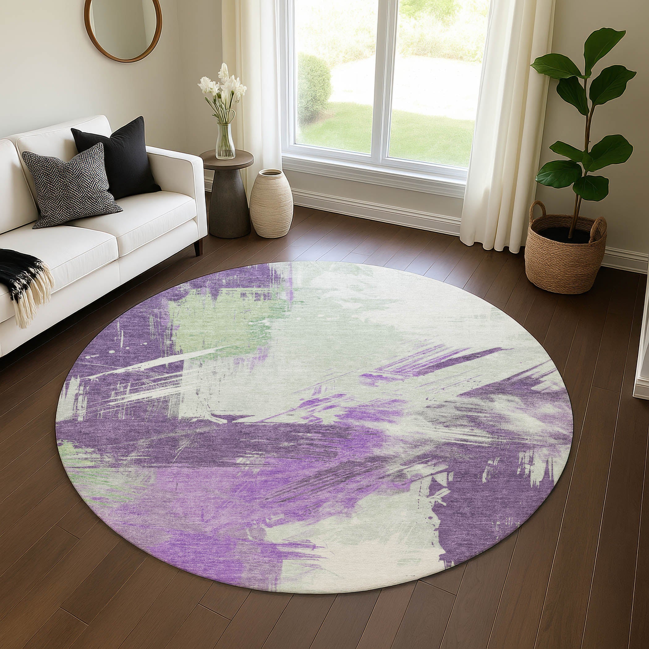 Antigua Machine Washable Transitional Purple Rug 8' x 8' #shape_Round