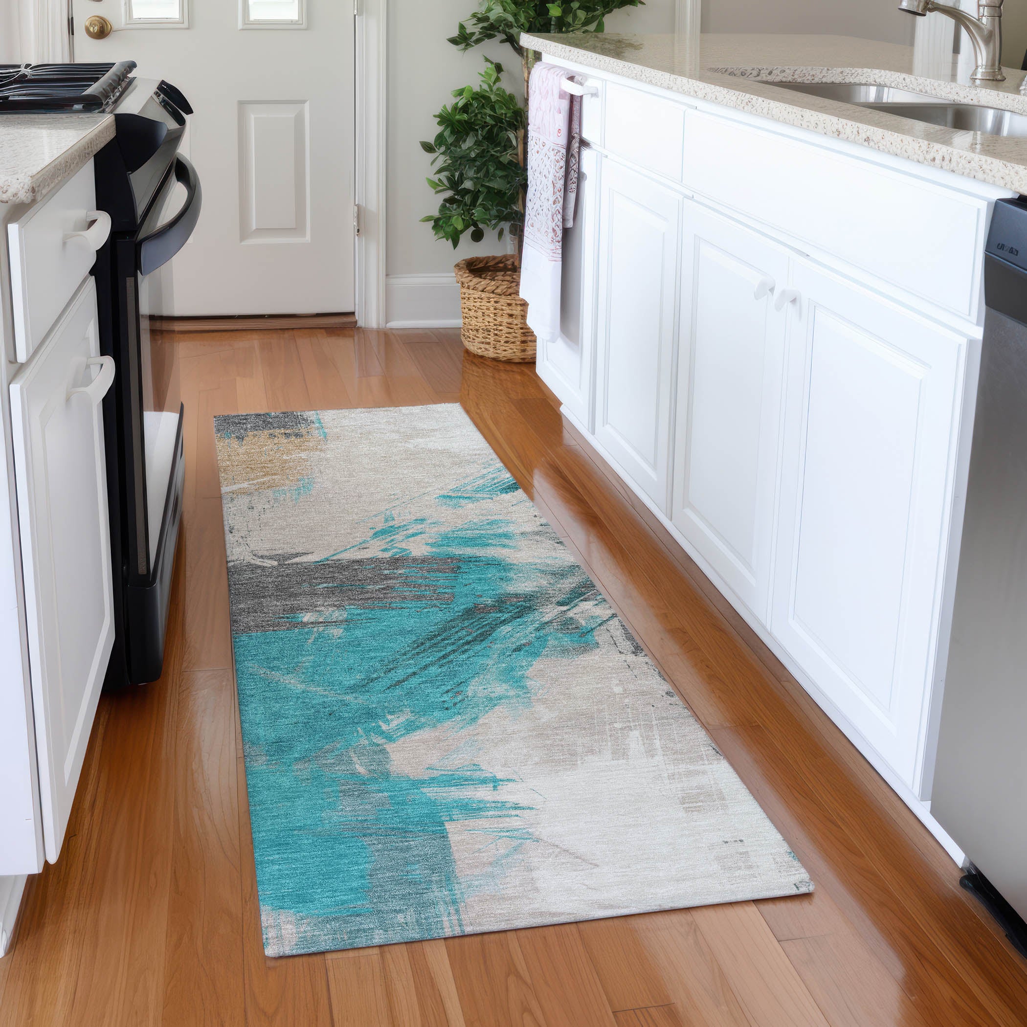 Antigua Machine Washable Transitional Teal Rug 2'3" x 7'6" #shape_Runner