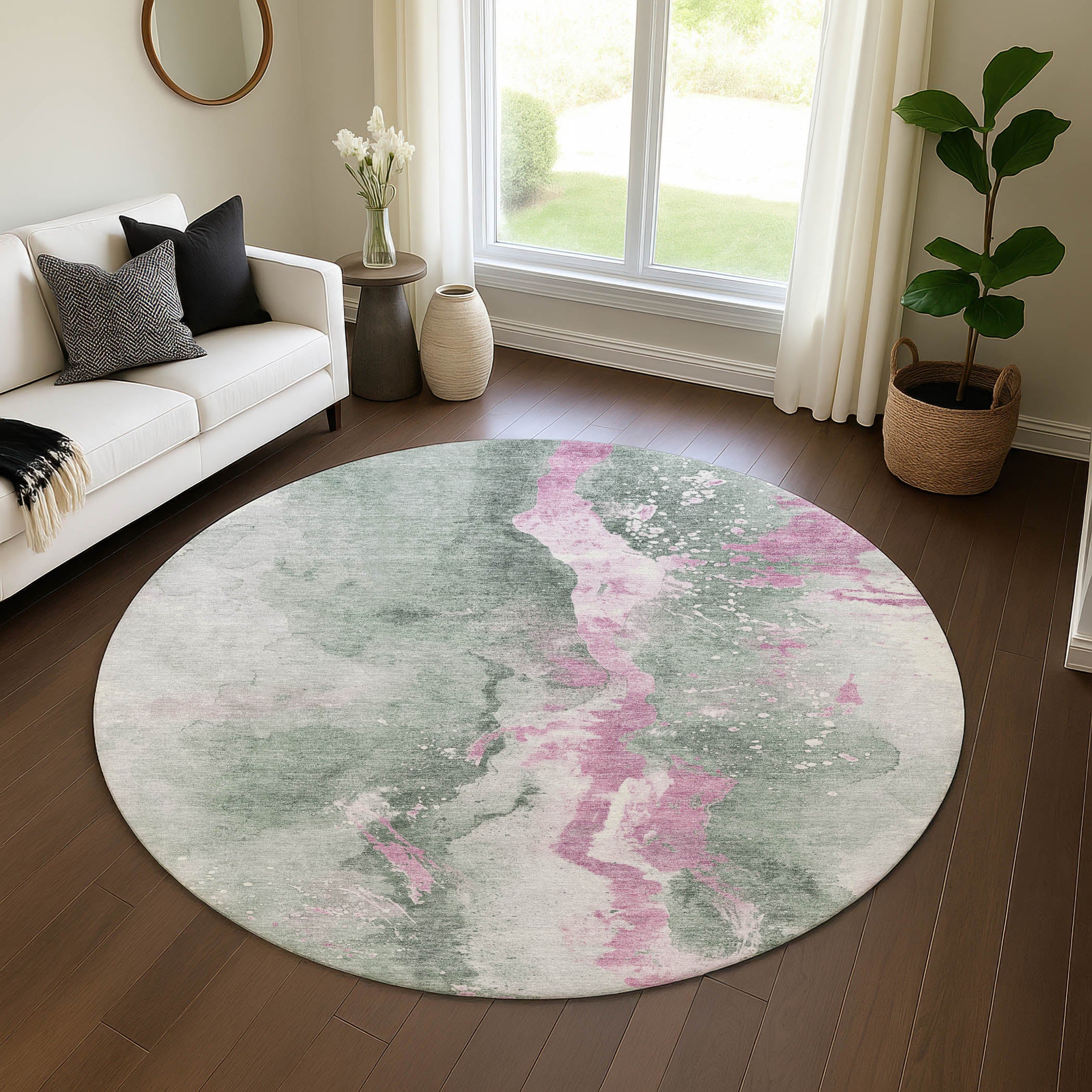 Reykjavik Machine Washable Transitional Sage Green Rug 8' x 8' #shape_Round