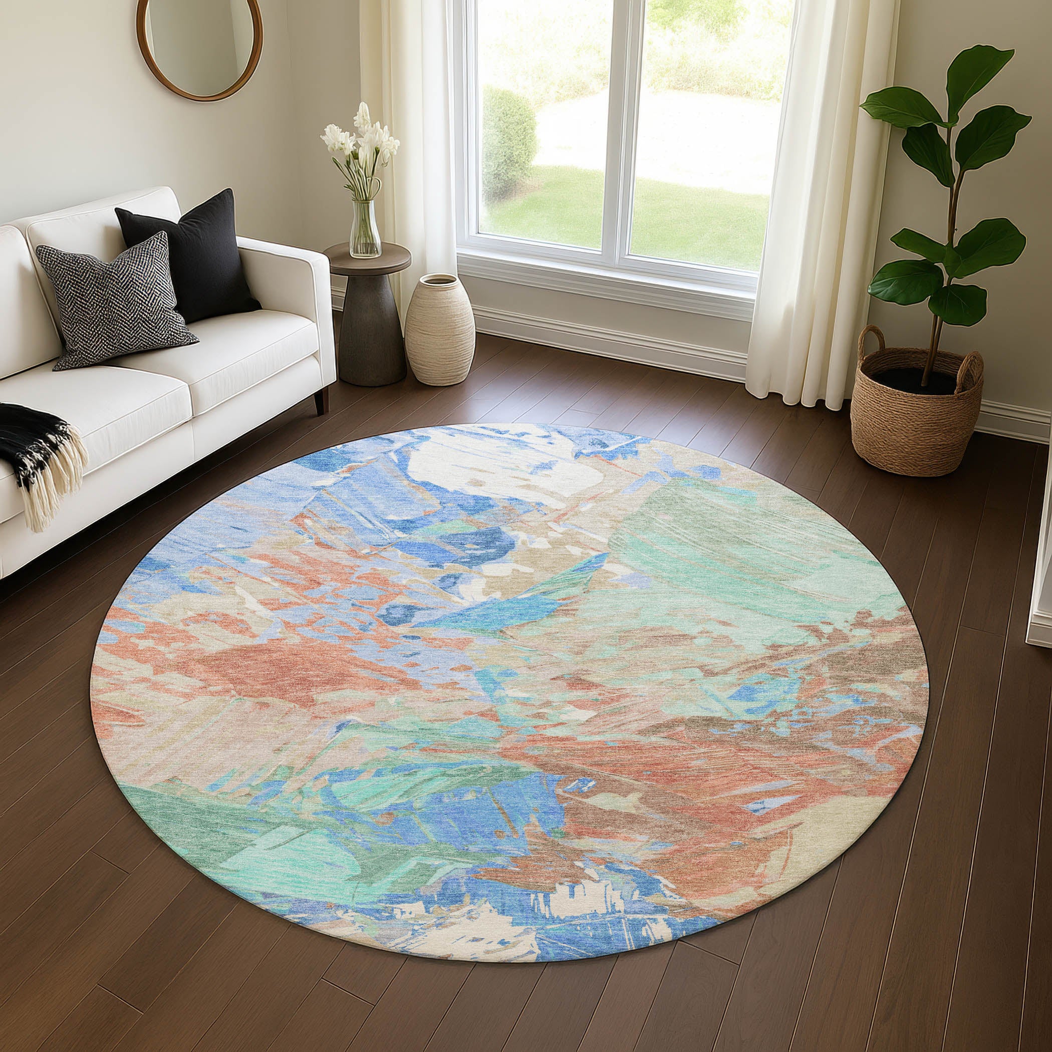Havana Machine Washable Transitional Coral Orange Rug 8' x 8' #shape_Round