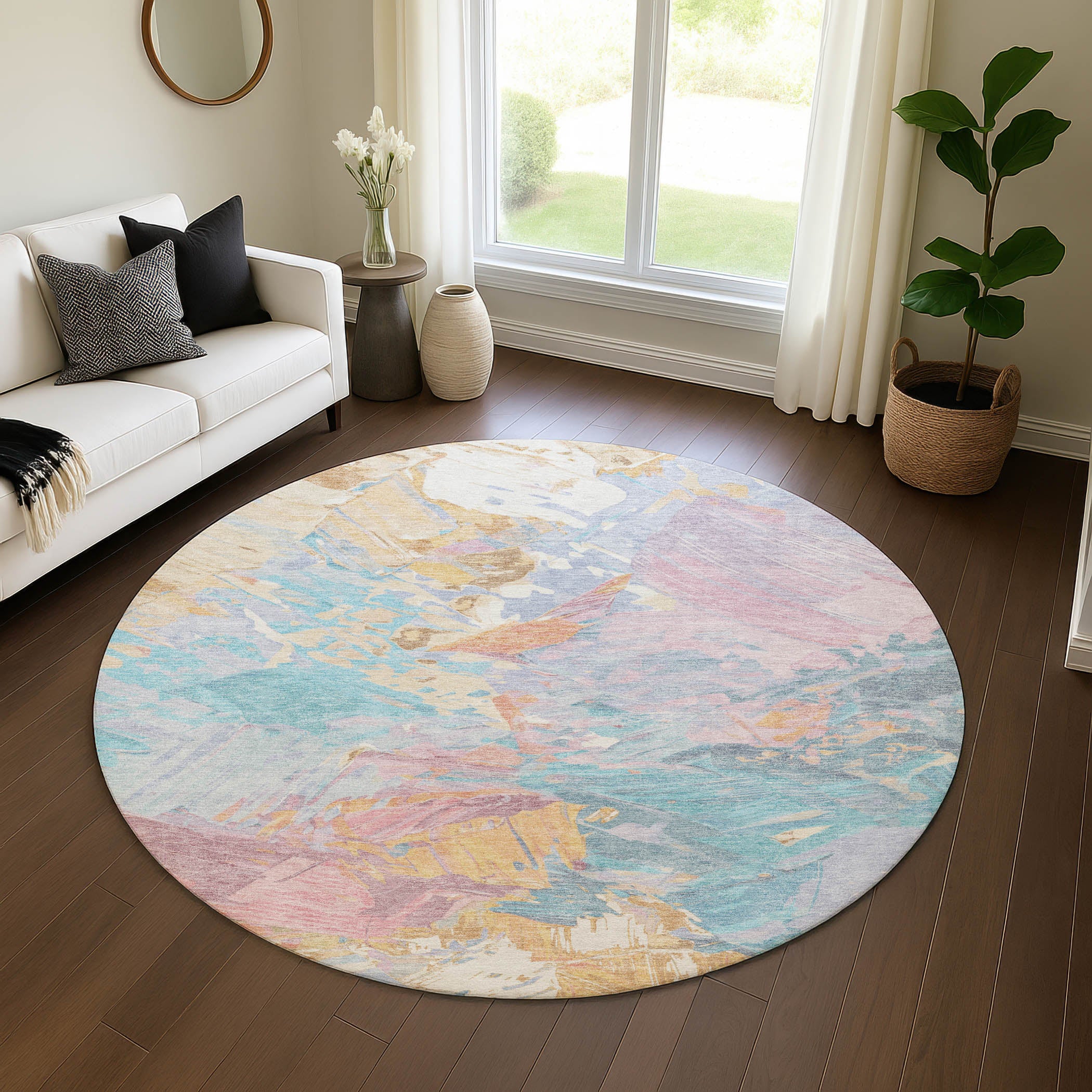 Havana Machine Washable Transitional Teal Rug 8' x 8' #shape_Round