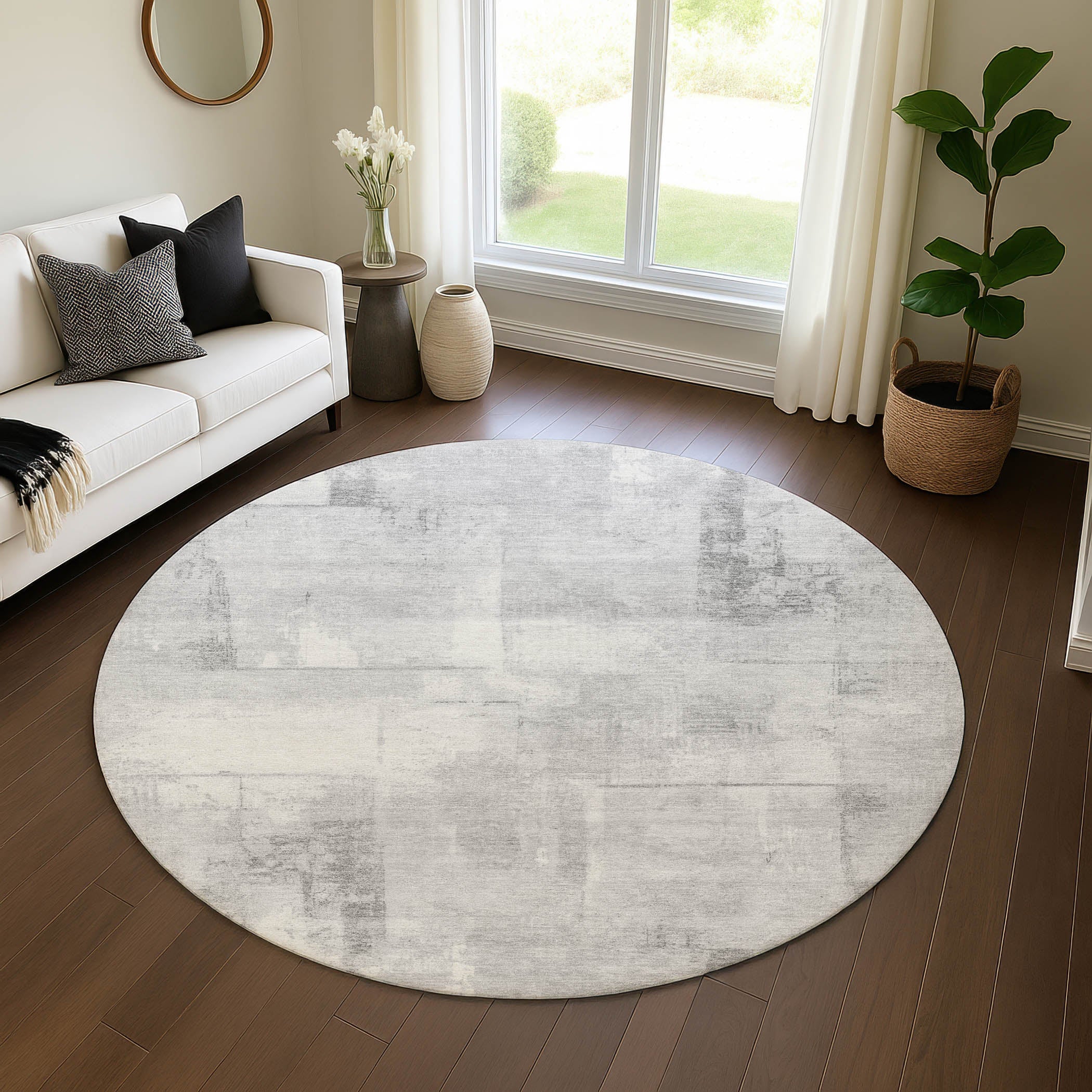 Athens Machine Washable Transitional Gray Rug 8' x 8' #shape_Round
