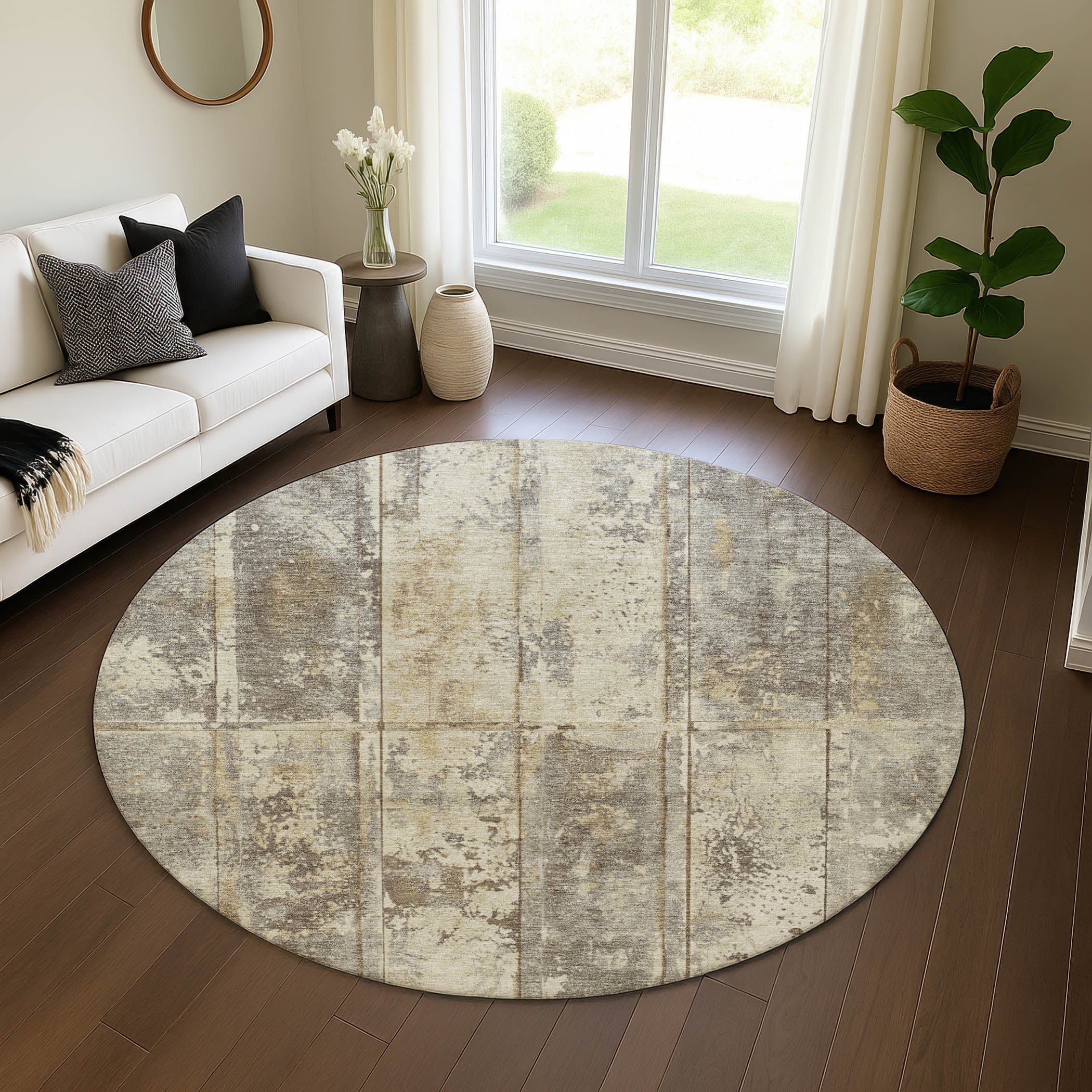 Athens Machine Washable Transitional Beige Brown Rug 8' x 8' #shape_Round